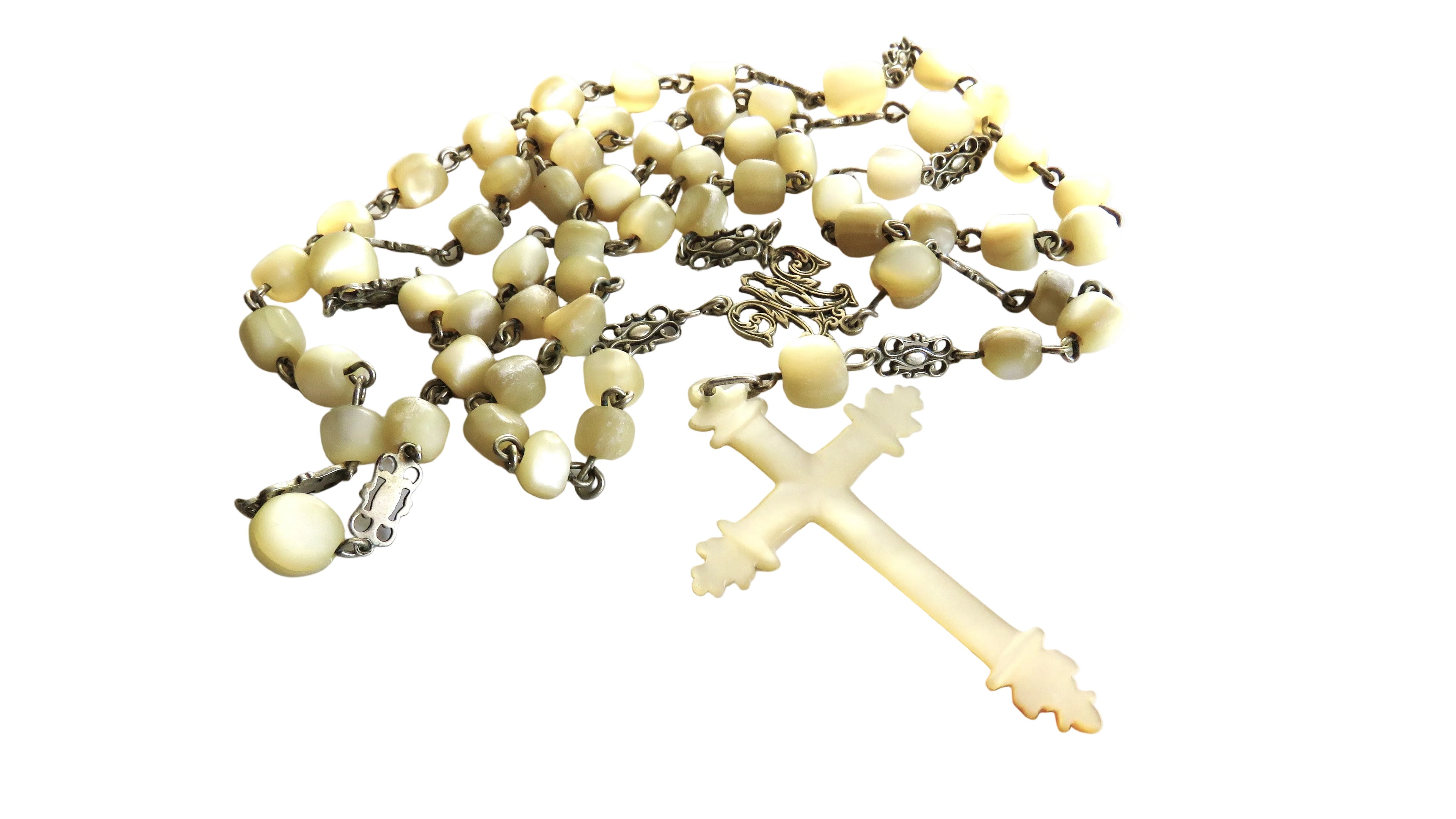 Antique French Silver Mother of Pearl Rosary, Large 1800s Catholic Rosary, Marian Centre, Carved Crucifix, Devotional Antique - Vintage French Treasures