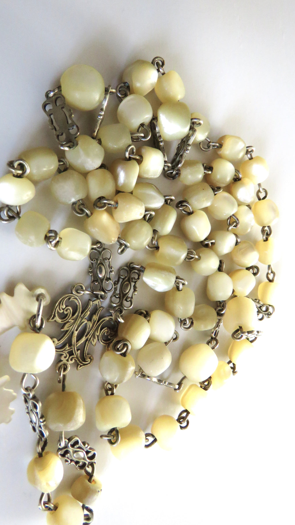Antique French Silver Mother of Pearl Rosary, Large 1800s Catholic Rosary, Marian Centre, Carved Crucifix, Devotional Antique - Vintage French Treasures
