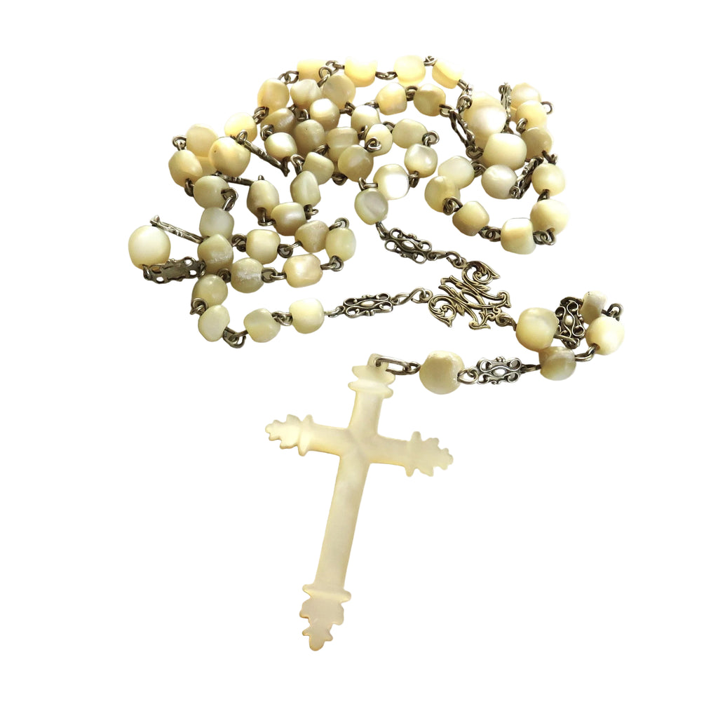 Antique French Silver Mother of Pearl Rosary, Large 1800s Catholic Rosary, Marian Centre, Carved Crucifix, Devotional Antique - Vintage French Treasures