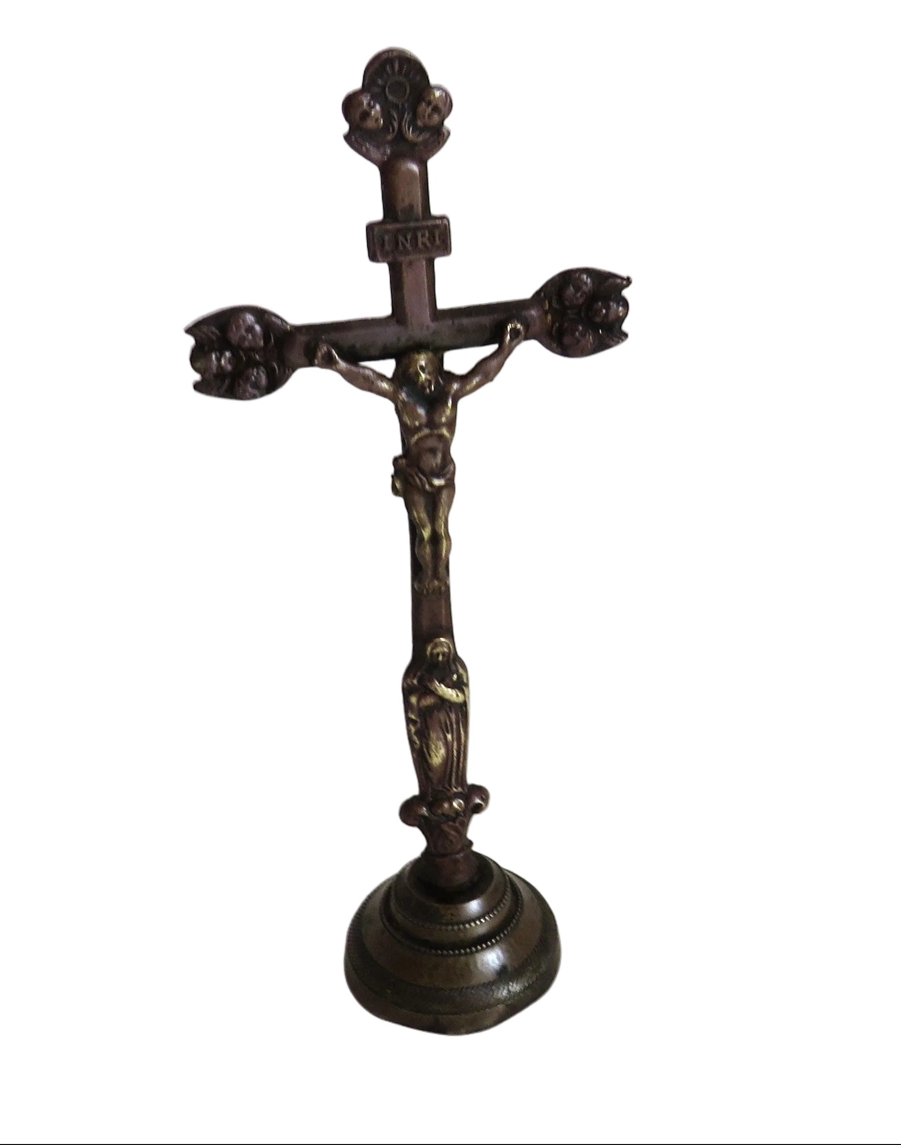 Antique French "Souvenir de la Mission" Standing Crucifix, Bronze Christ & Virgin, Late 19th Century - Vintage French Treasures