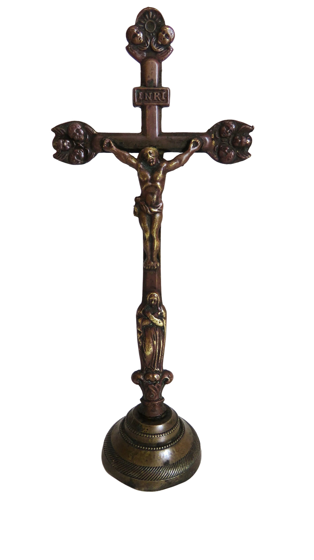 Antique French "Souvenir de la Mission" Standing Crucifix, Bronze Christ & Virgin, Late 19th Century - Vintage French Treasures