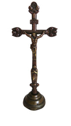 Antique French "Souvenir de la Mission" Standing Crucifix, Bronze Christ & Virgin, Late 19th Century - Vintage French Treasures