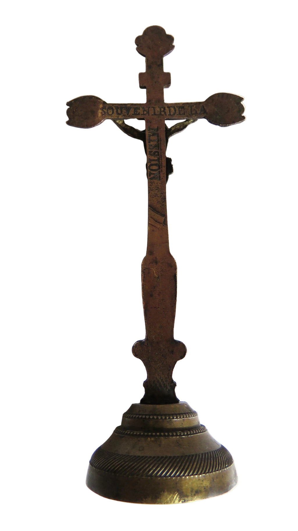 Antique French "Souvenir de la Mission" Standing Crucifix, Bronze Christ & Virgin, Late 19th Century - Vintage French Treasures