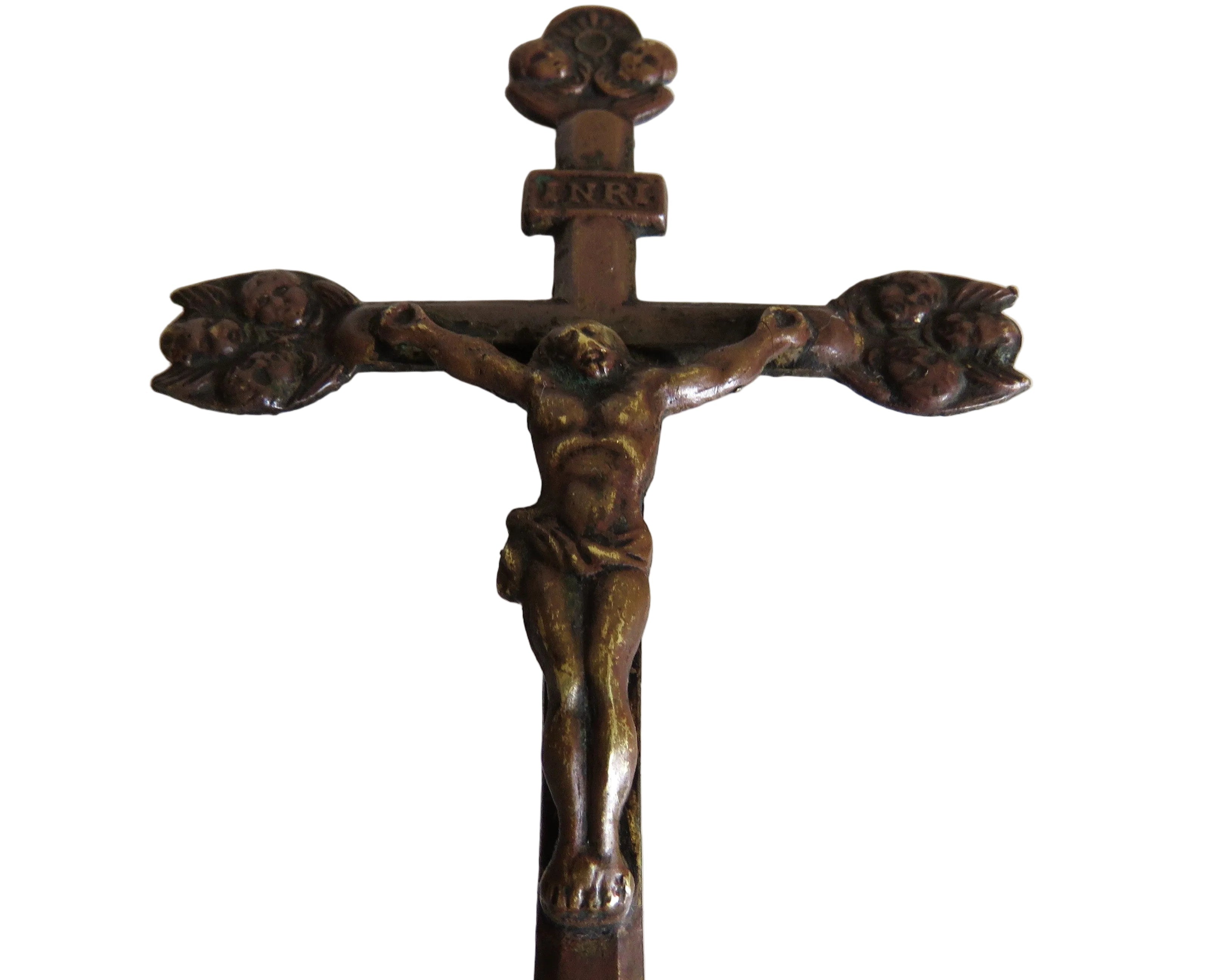 Antique French "Souvenir de la Mission" Standing Crucifix, Bronze Christ & Virgin, Late 19th Century - Vintage French Treasures