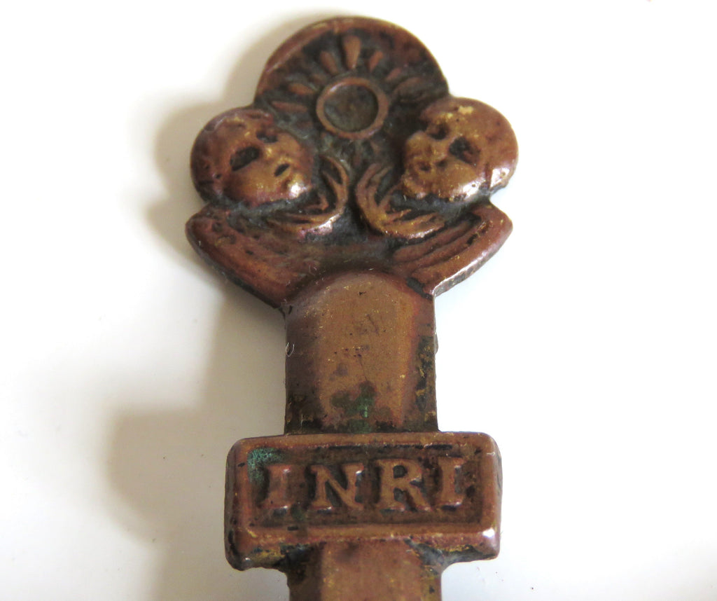 Antique French "Souvenir de la Mission" Standing Crucifix, Bronze Christ & Virgin, Late 19th Century - Vintage French Treasures