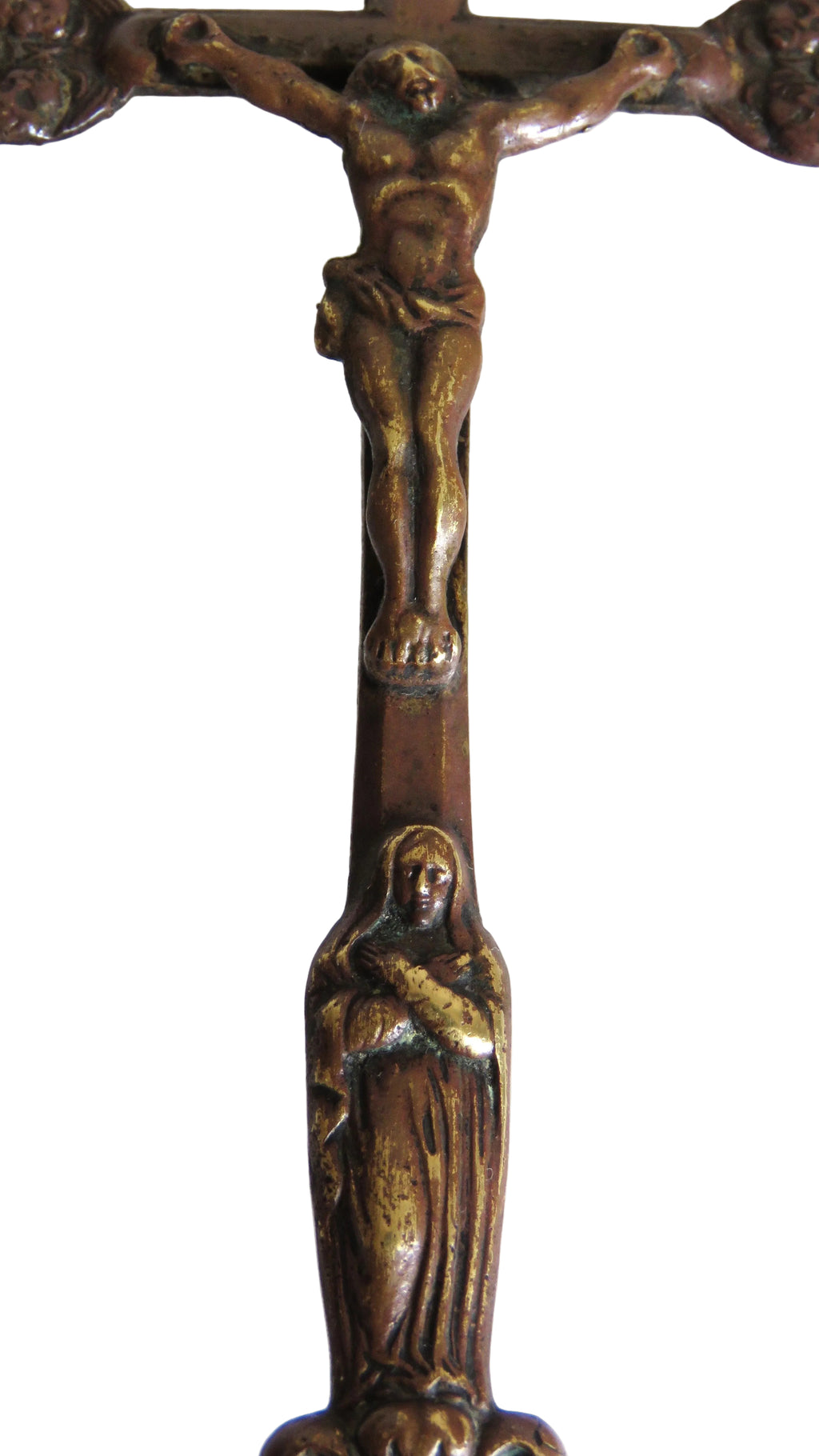 Antique French "Souvenir de la Mission" Standing Crucifix, Bronze Christ & Virgin, Late 19th Century - Vintage French Treasures