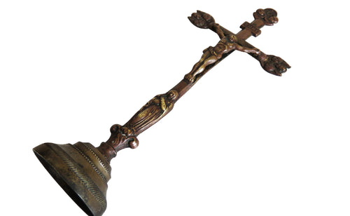 Antique French "Souvenir de la Mission" Standing Crucifix, Bronze Christ & Virgin, Late 19th Century - Vintage French Treasures