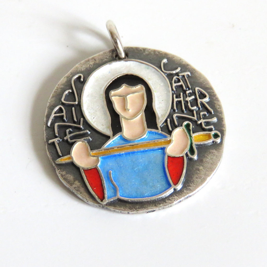 Vintage Élie Pellegrin Saint Catherine Medal, French Hallmarked Silver and Enamel Religious Pendant, 1960s - Vintage French Treasures