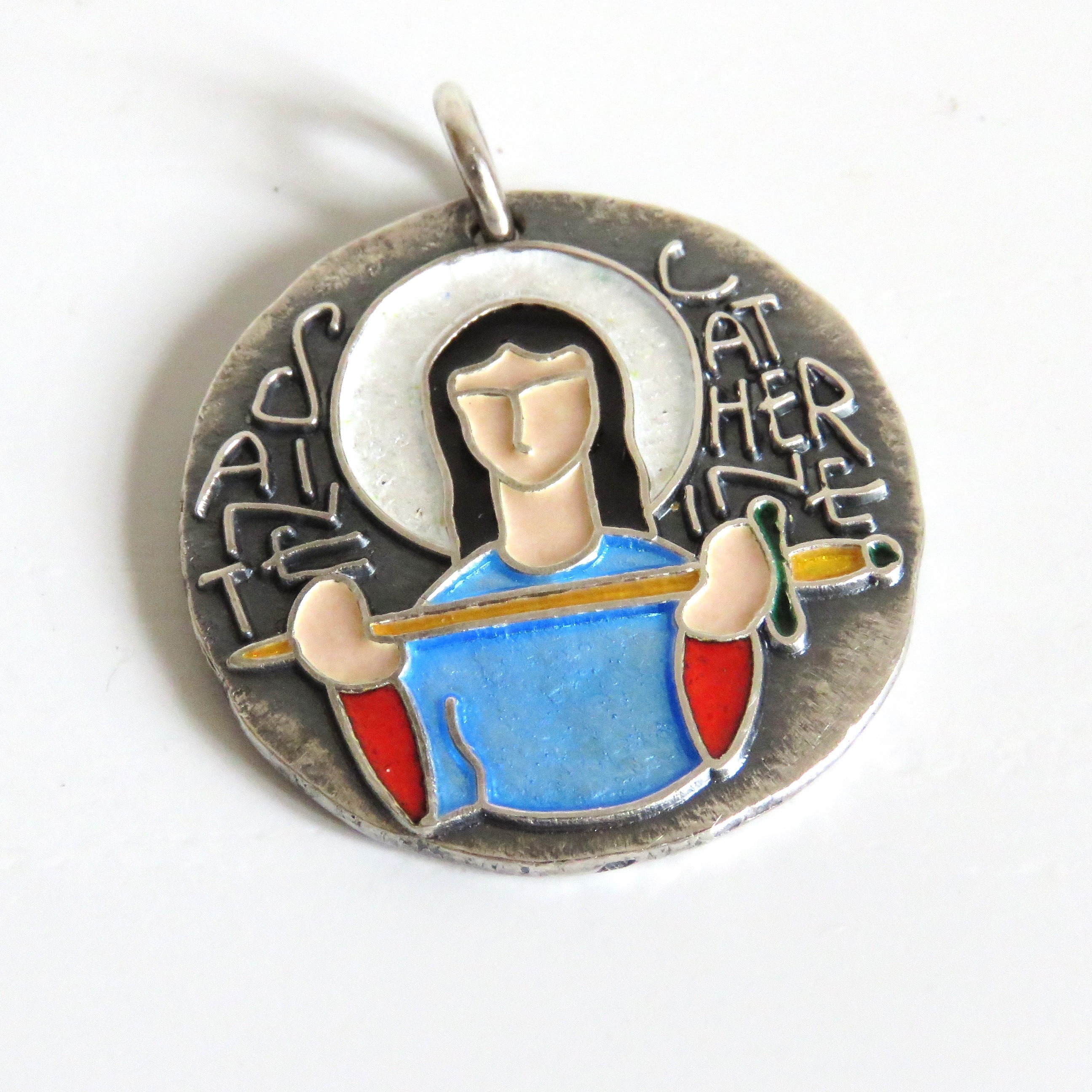 Vintage Élie Pellegrin Saint Catherine Medal, French Hallmarked Silver and Enamel Religious Pendant, 1960s - Vintage French Treasures