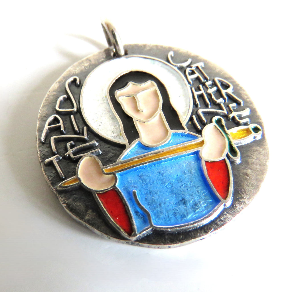 Vintage Élie Pellegrin Saint Catherine Medal, French Hallmarked Silver and Enamel Religious Pendant, 1960s - Vintage French Treasures