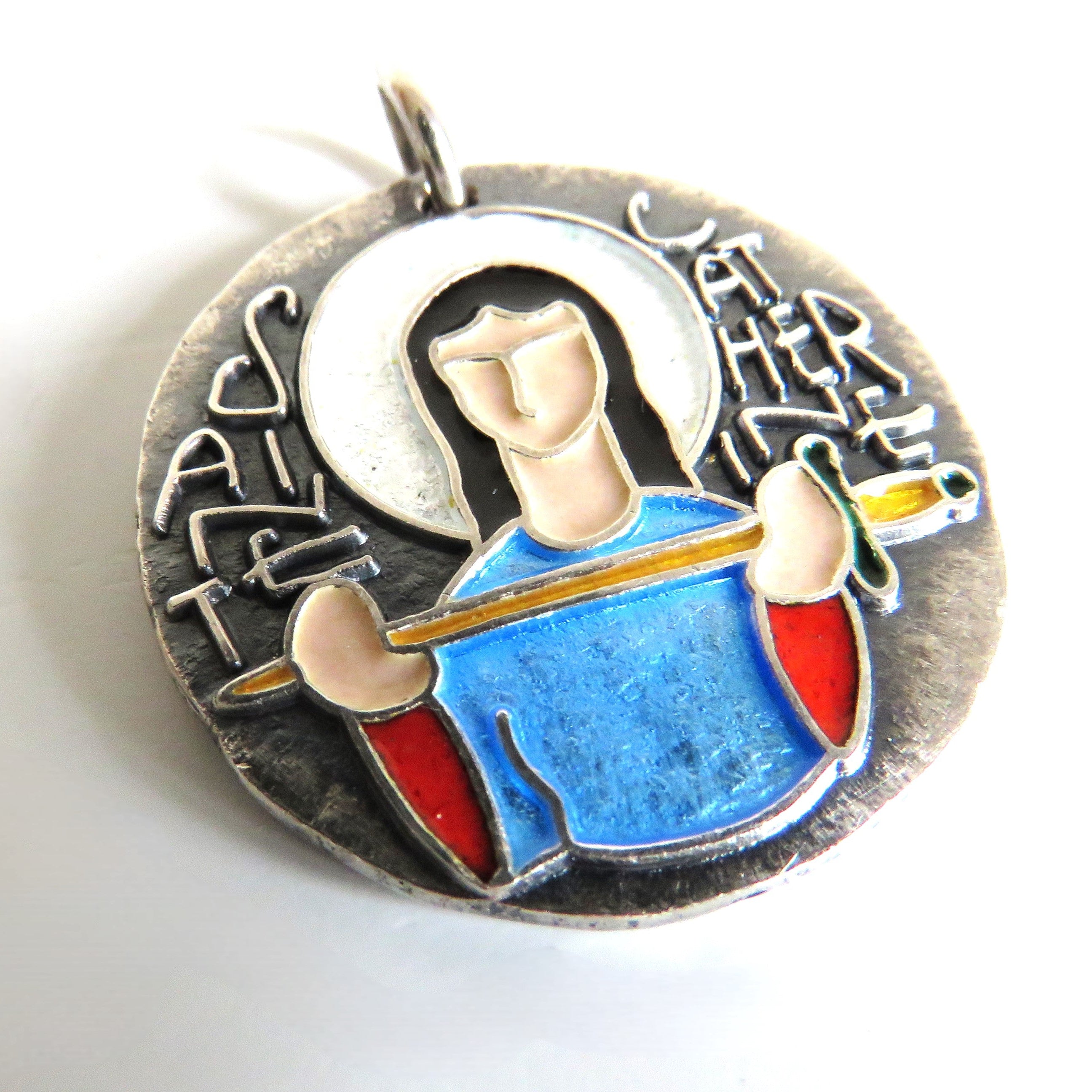 Vintage Élie Pellegrin Saint Catherine Medal, French Hallmarked Silver and Enamel Religious Pendant, 1960s - Vintage French Treasures