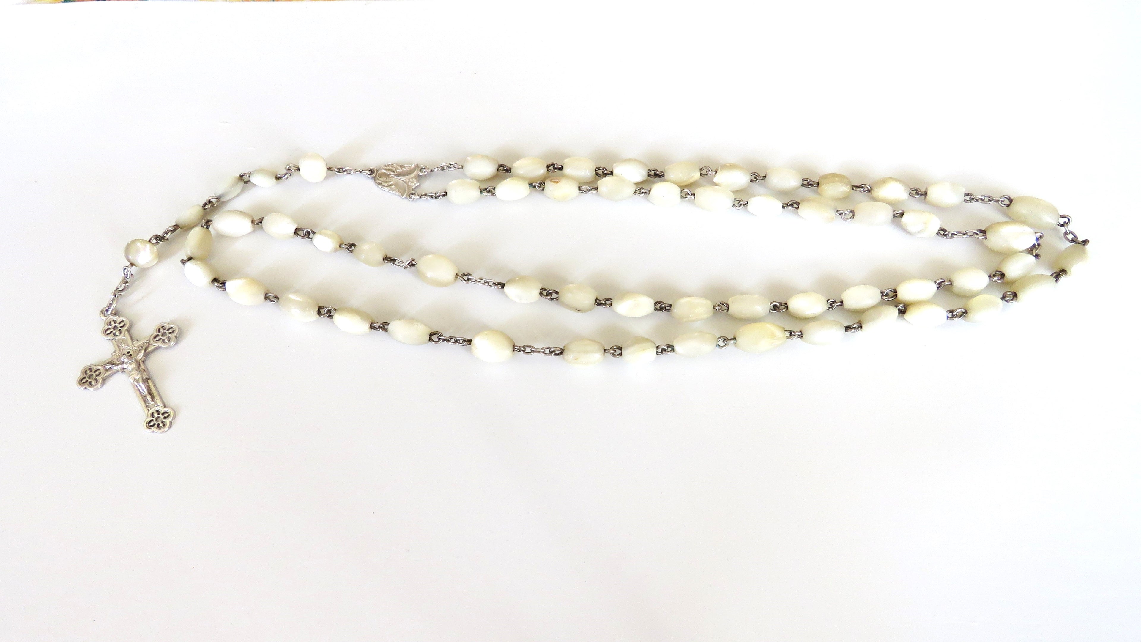 Antique French Mother of Pearl Rosary with Hallmarked Silver Crucifix & Centre c.1900–1925 - Vintage French Treasures