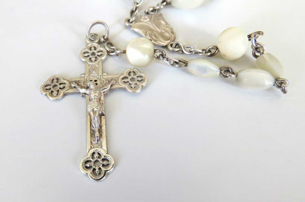 Antique French Mother of Pearl Rosary with Hallmarked Silver Crucifix & Centre c.1900–1925 - Vintage French Treasures