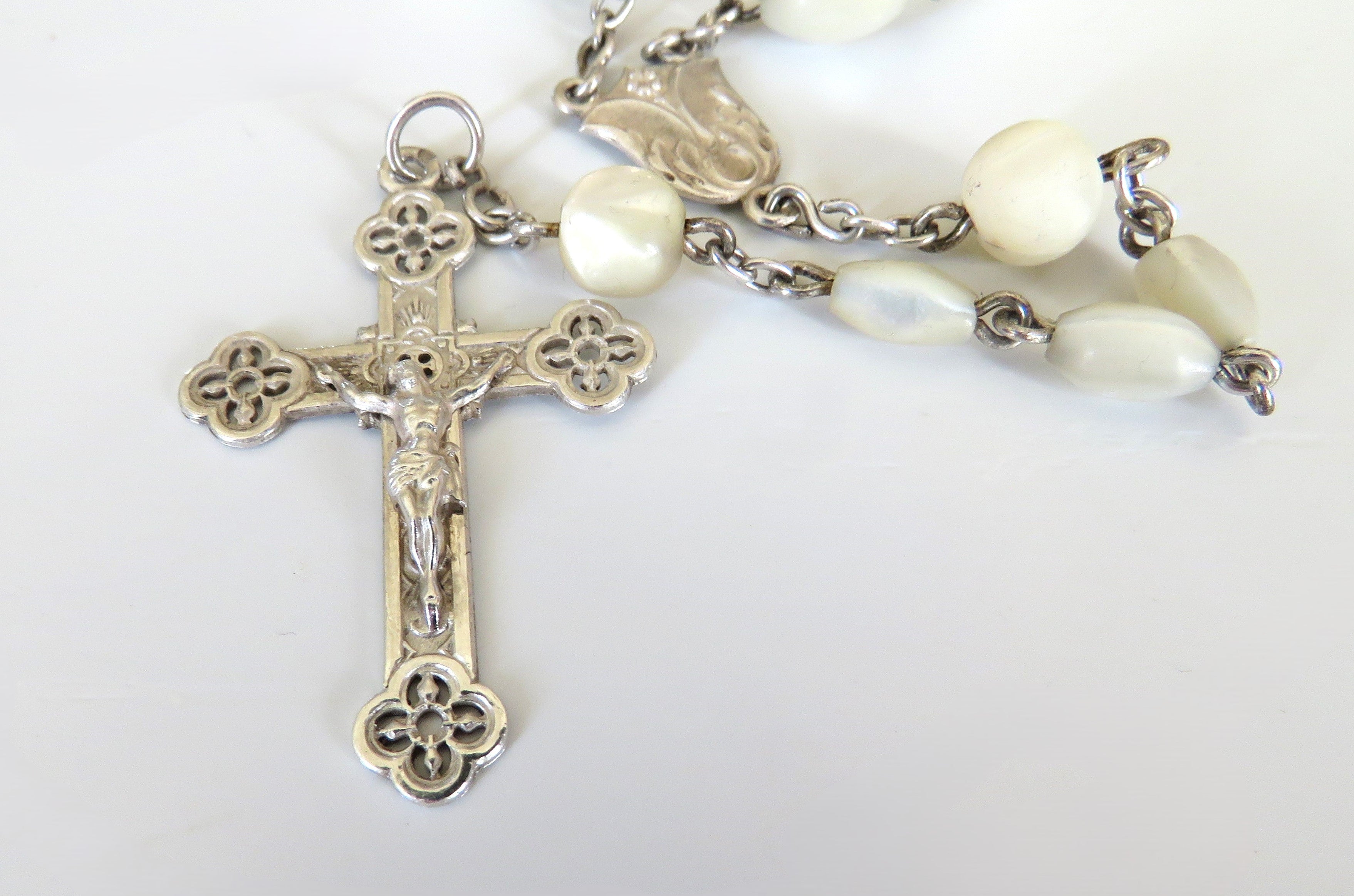 Antique French Mother of Pearl Rosary with Hallmarked Silver Crucifix & Centre c.1900–1925 - Vintage French Treasures