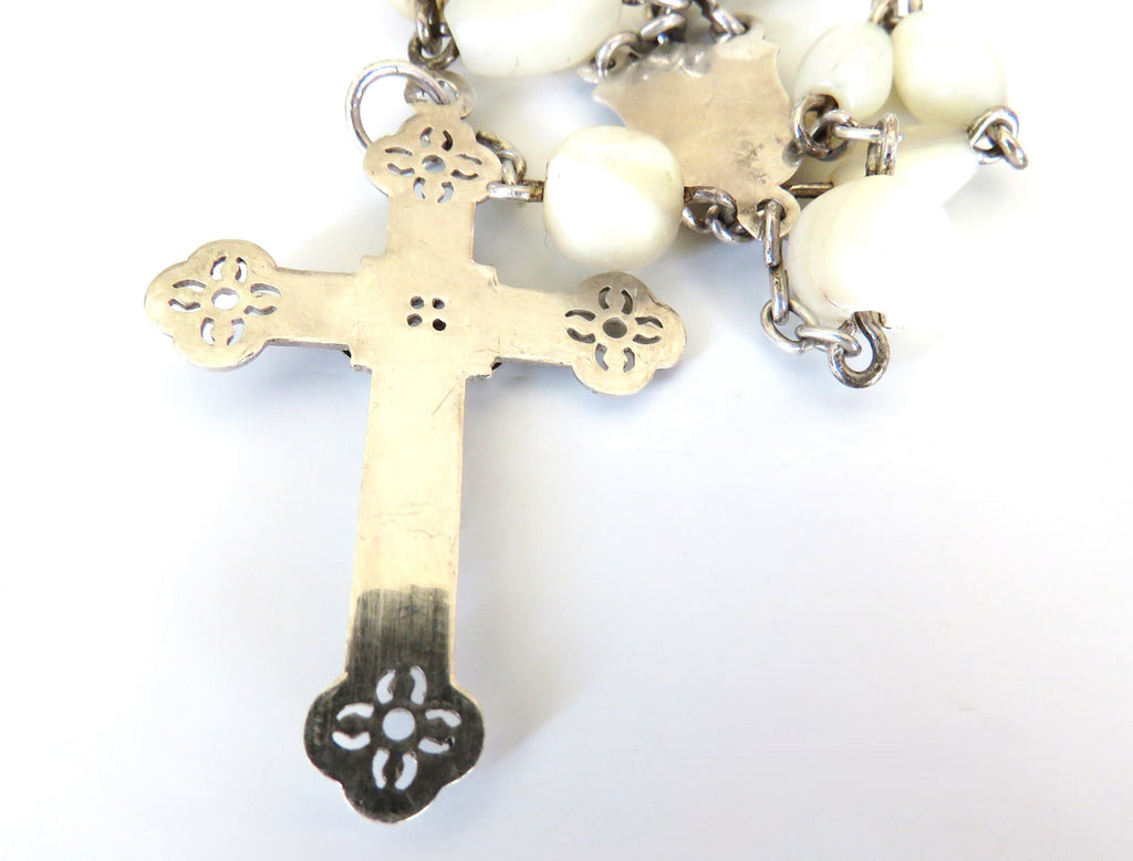 Antique French Mother of Pearl Rosary with Hallmarked Silver Crucifix & Centre c.1900–1925 - Vintage French Treasures