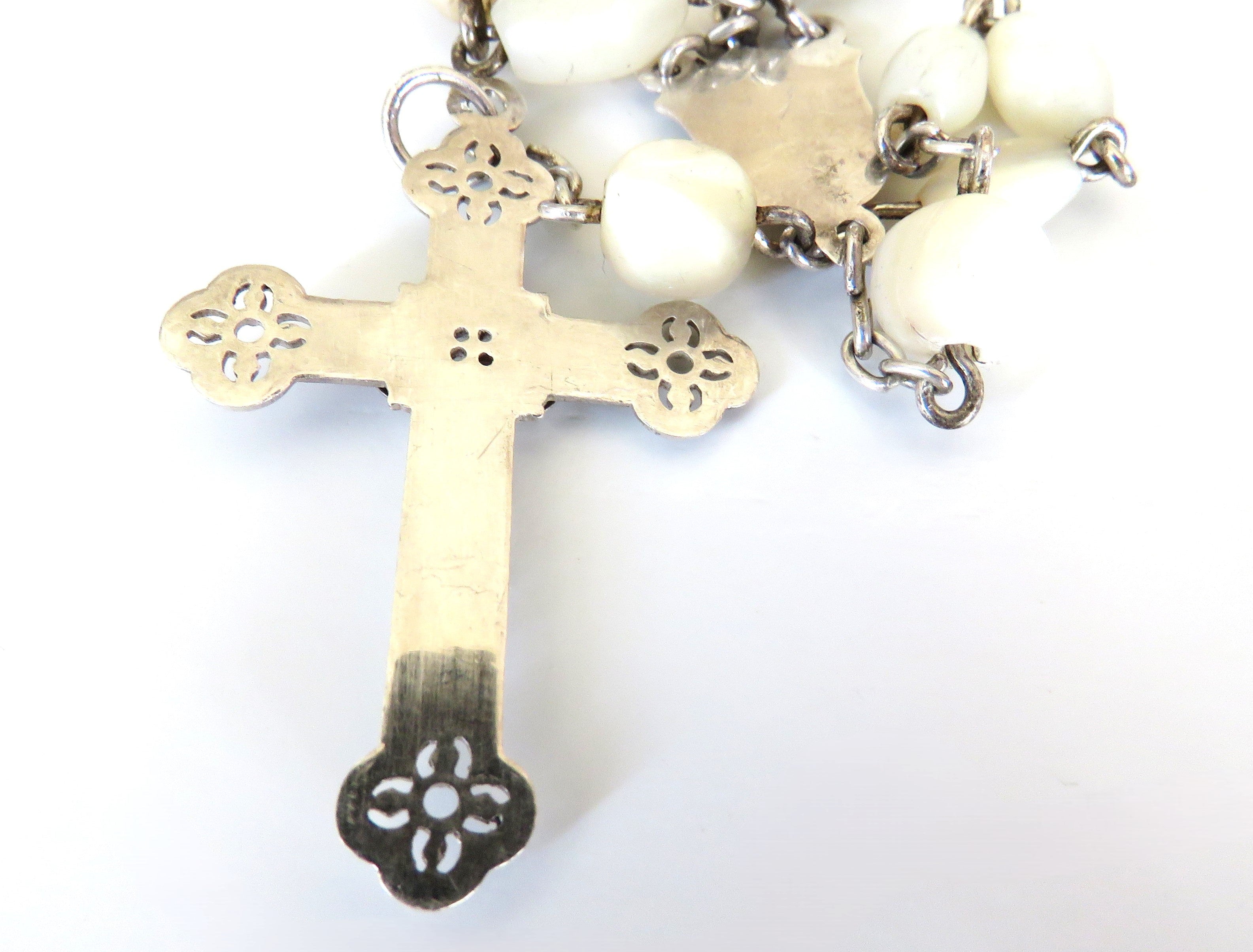 Antique French Mother of Pearl Rosary with Hallmarked Silver Crucifix & Centre c.1900–1925 - Vintage French Treasures