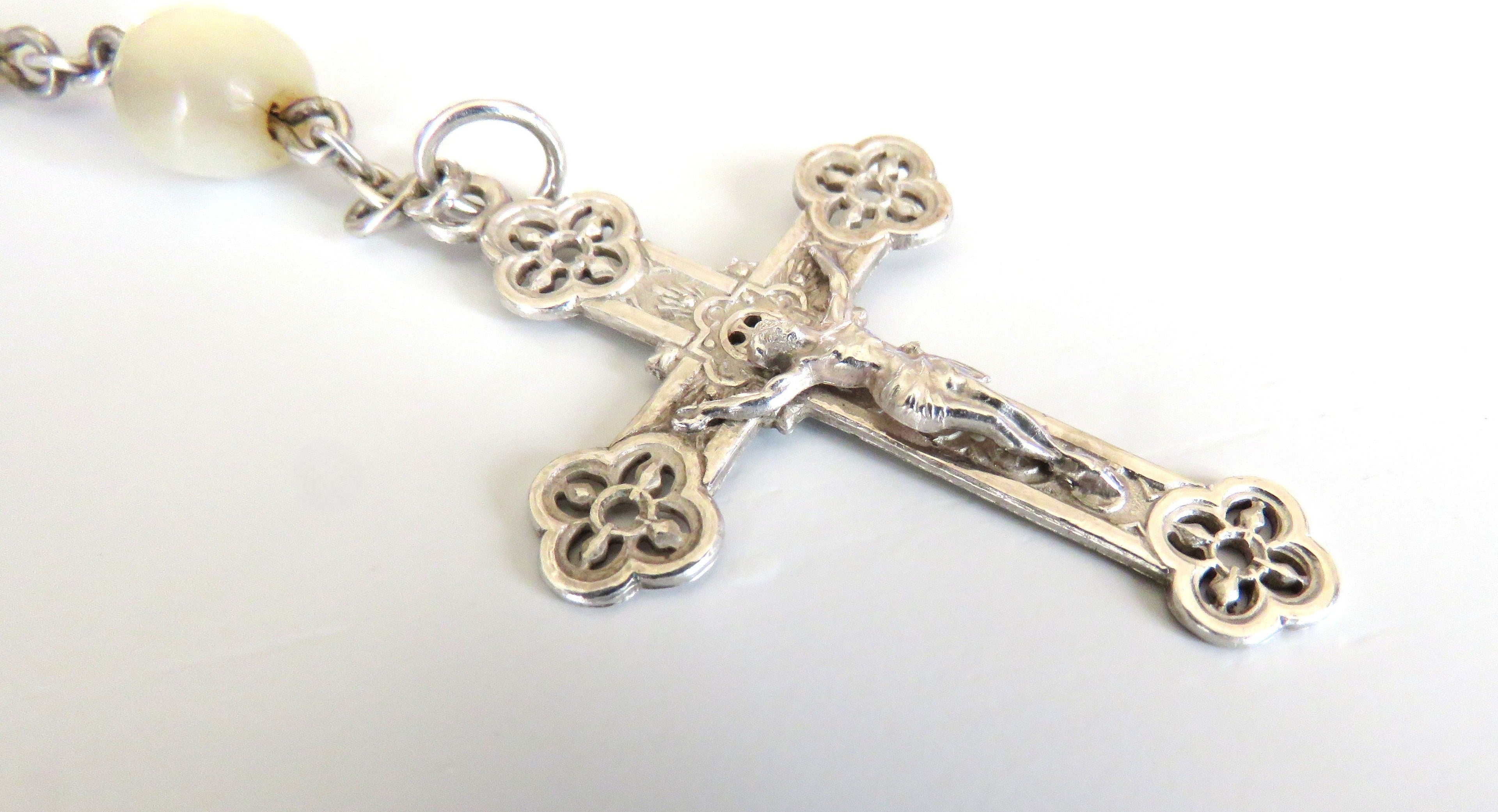 Antique French Mother of Pearl Rosary with Hallmarked Silver Crucifix & Centre c.1900–1925 - Vintage French Treasures