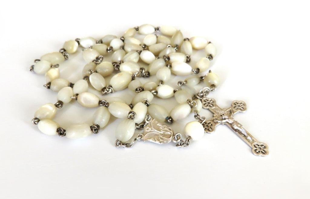 Antique French Mother of Pearl Rosary with Hallmarked Silver Crucifix & Centre c.1900–1925 - Vintage French Treasures