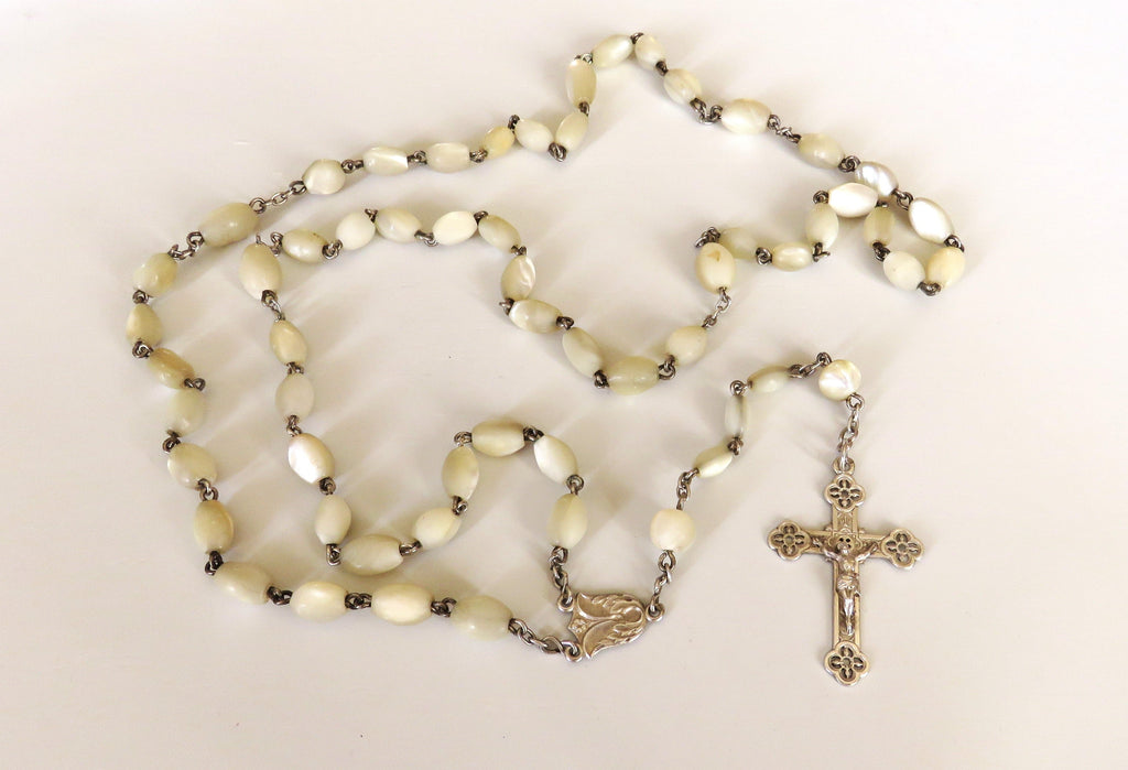 Antique French Mother of Pearl Rosary with Hallmarked Silver Crucifix & Centre c.1900–1925 - Vintage French Treasures