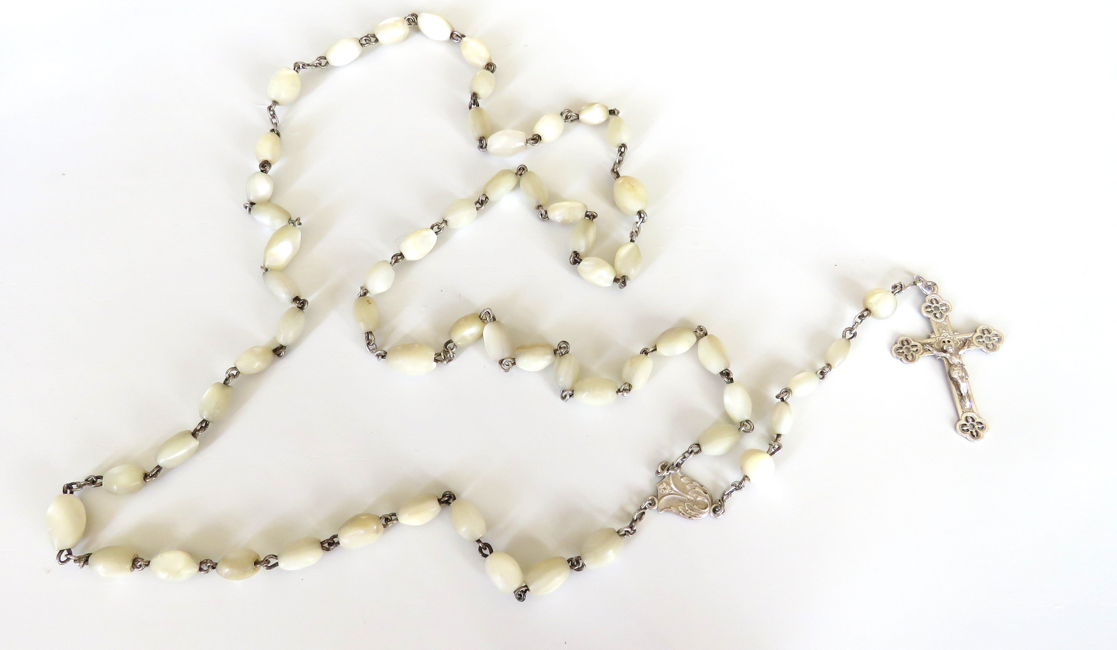 Antique French Mother of Pearl Rosary with Hallmarked Silver Crucifix & Centre c.1900–1925 - Vintage French Treasures