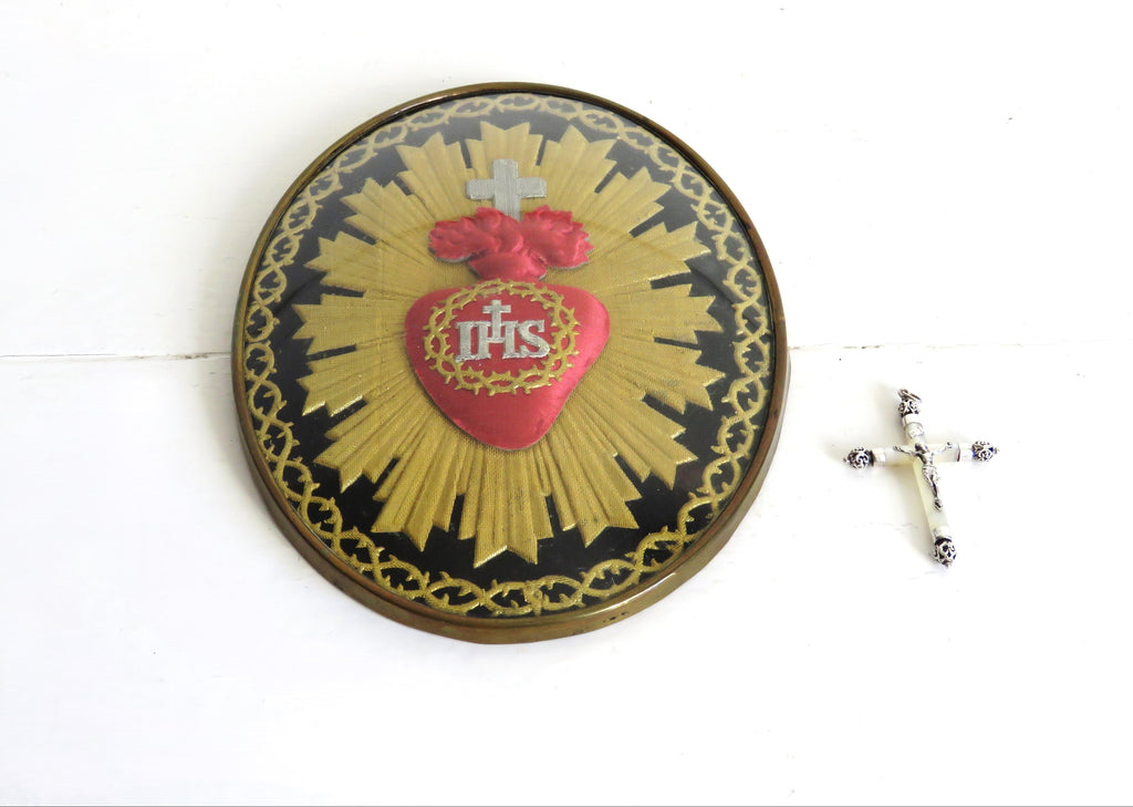 Antique French Sacred Heart Ex Voto Devotional Wall Plaque Under Glass c.1900 - Vintage French Treasures