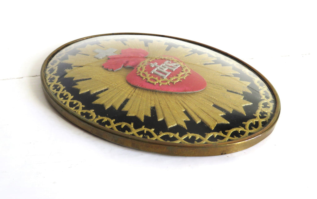 Antique French Sacred Heart Ex Voto Devotional Wall Plaque Under Glass c.1900 - Vintage French Treasures