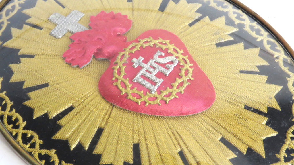 Antique French Sacred Heart Ex Voto Devotional Wall Plaque Under Glass c.1900 - Vintage French Treasures
