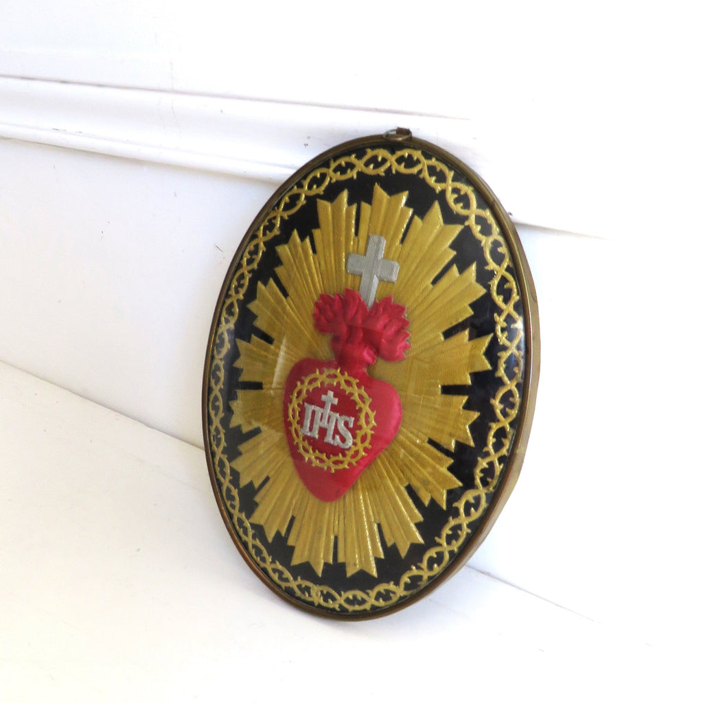 Antique French Sacred Heart Ex Voto Devotional Wall Plaque Under Glass c.1900 - Vintage French Treasures