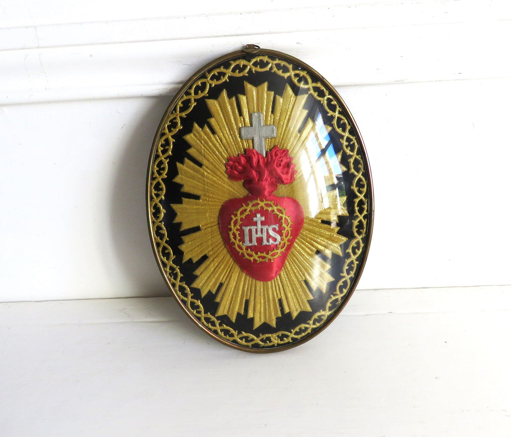Antique French Sacred Heart Ex Voto Devotional Wall Plaque Under Glass c.1900 - Vintage French Treasures
