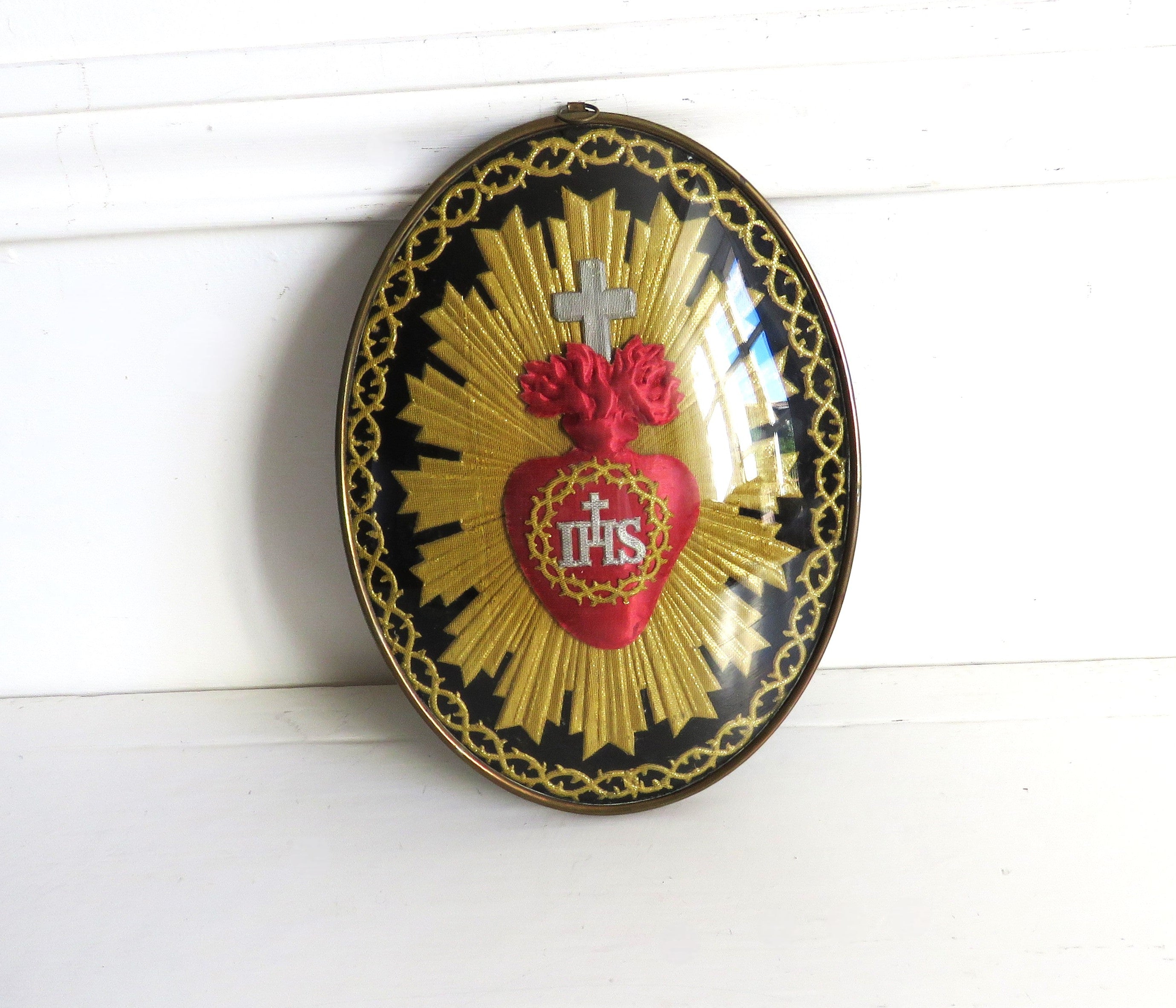 Antique French Sacred Heart Ex Voto Devotional Wall Plaque Under Glass c.1900 - Vintage French Treasures