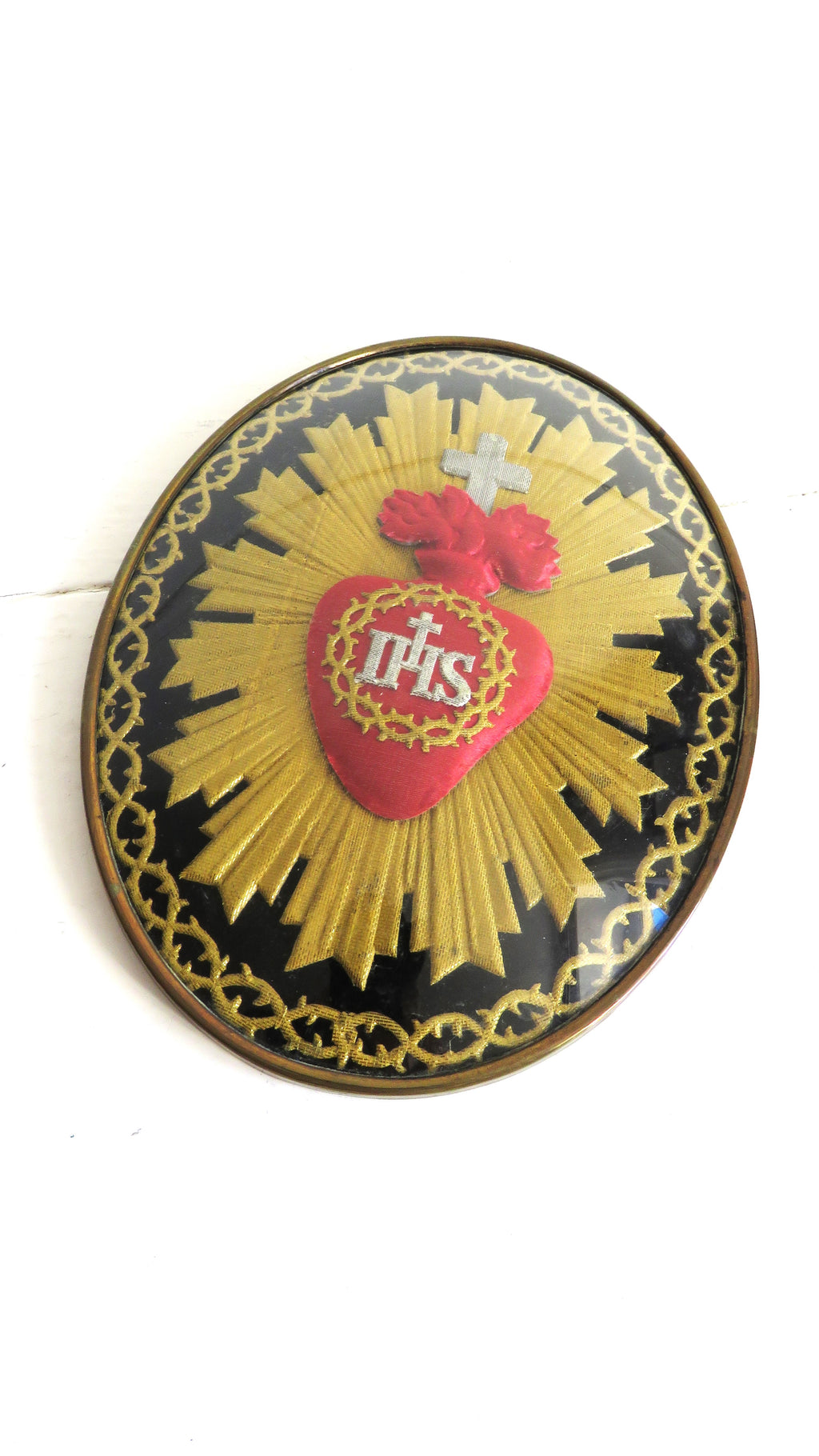 Antique French Sacred Heart Ex Voto Devotional Wall Plaque Under Glass c.1900 - Vintage French Treasures