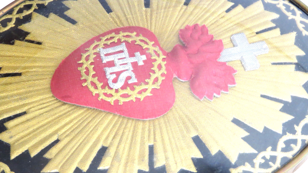 Antique French Sacred Heart Ex Voto Devotional Wall Plaque Under Glass c.1900 - Vintage French Treasures