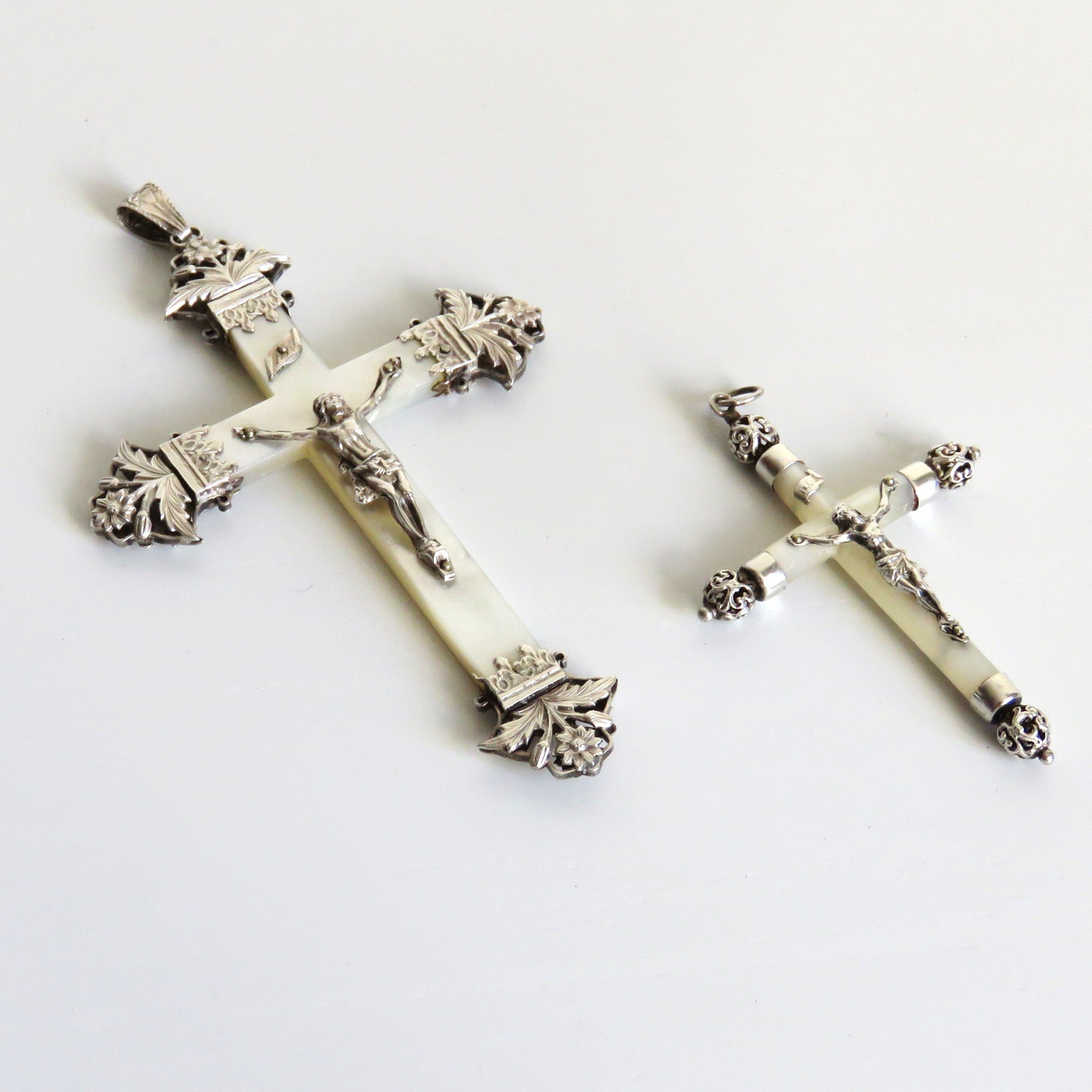 Antique French Mother of Pearl Crucifix with Ornate Hallmarked Silver Floral Mounts, Catholic Pendant