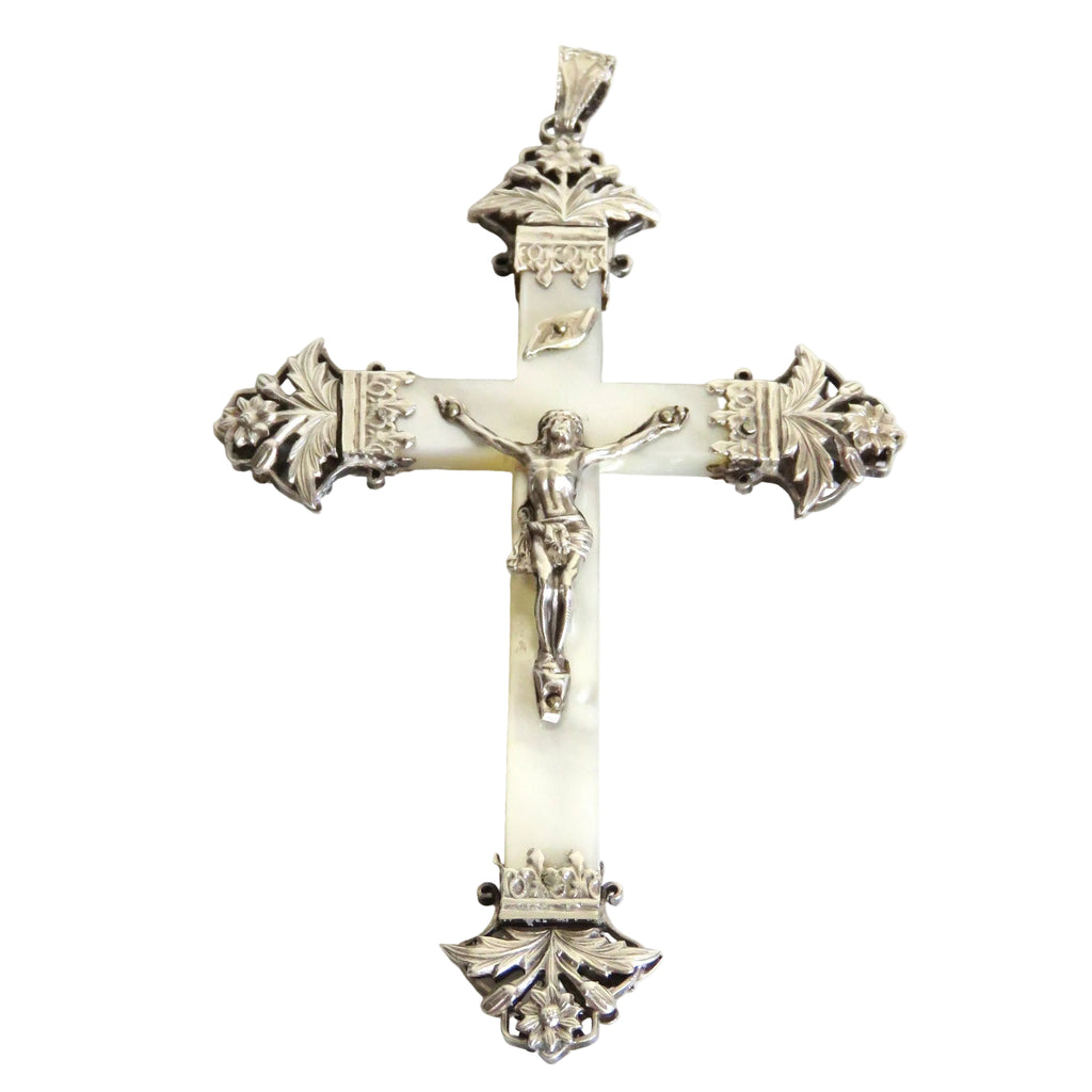 Antique French Mother of Pearl Crucifix with Ornate Hallmarked Silver Floral Mounts, Catholic Pendant