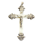 Antique French Mother of Pearl Crucifix with Ornate Hallmarked Silver Floral Mounts, Catholic Pendant