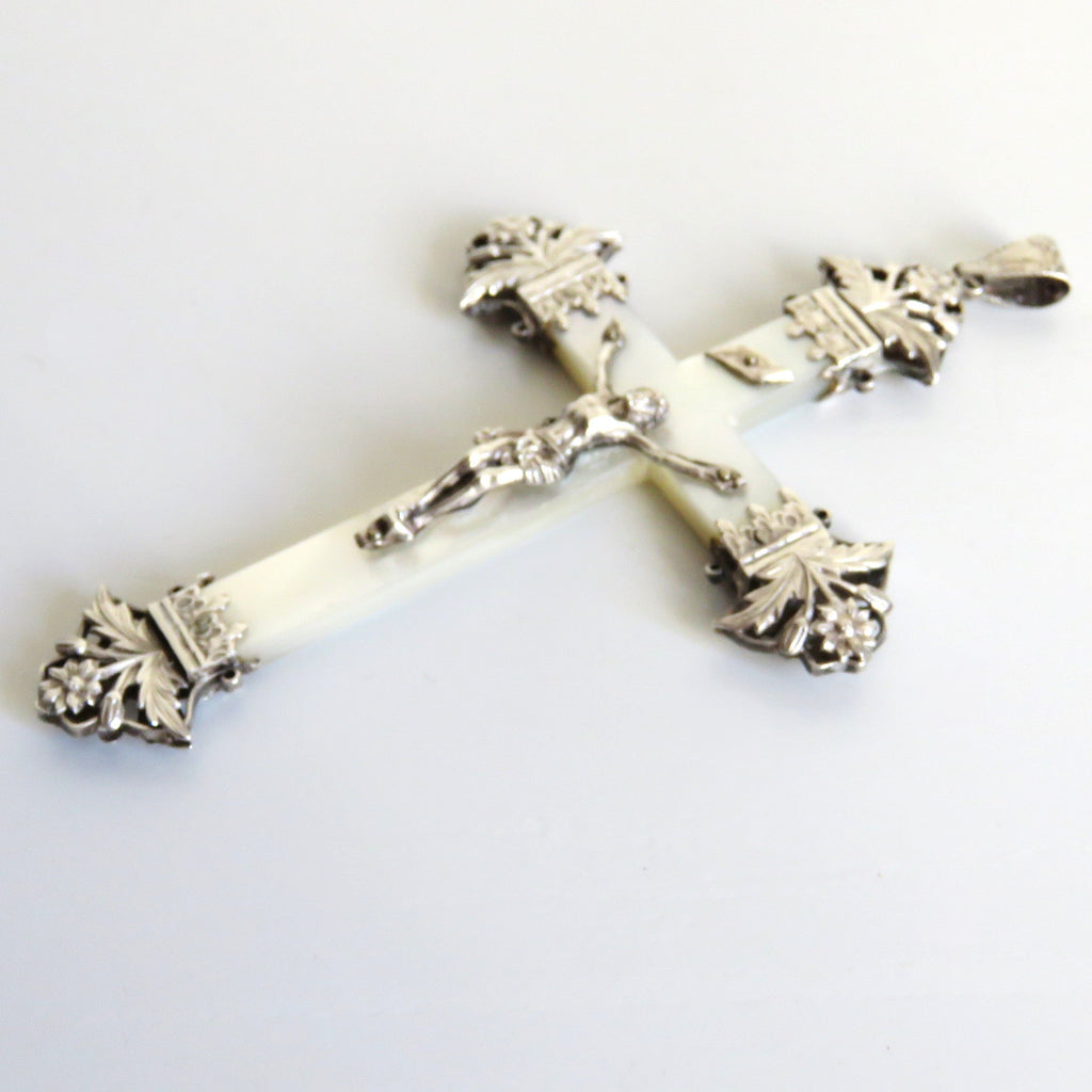 Antique French Mother of Pearl Crucifix with Ornate Hallmarked Silver Floral Mounts, Catholic Pendant