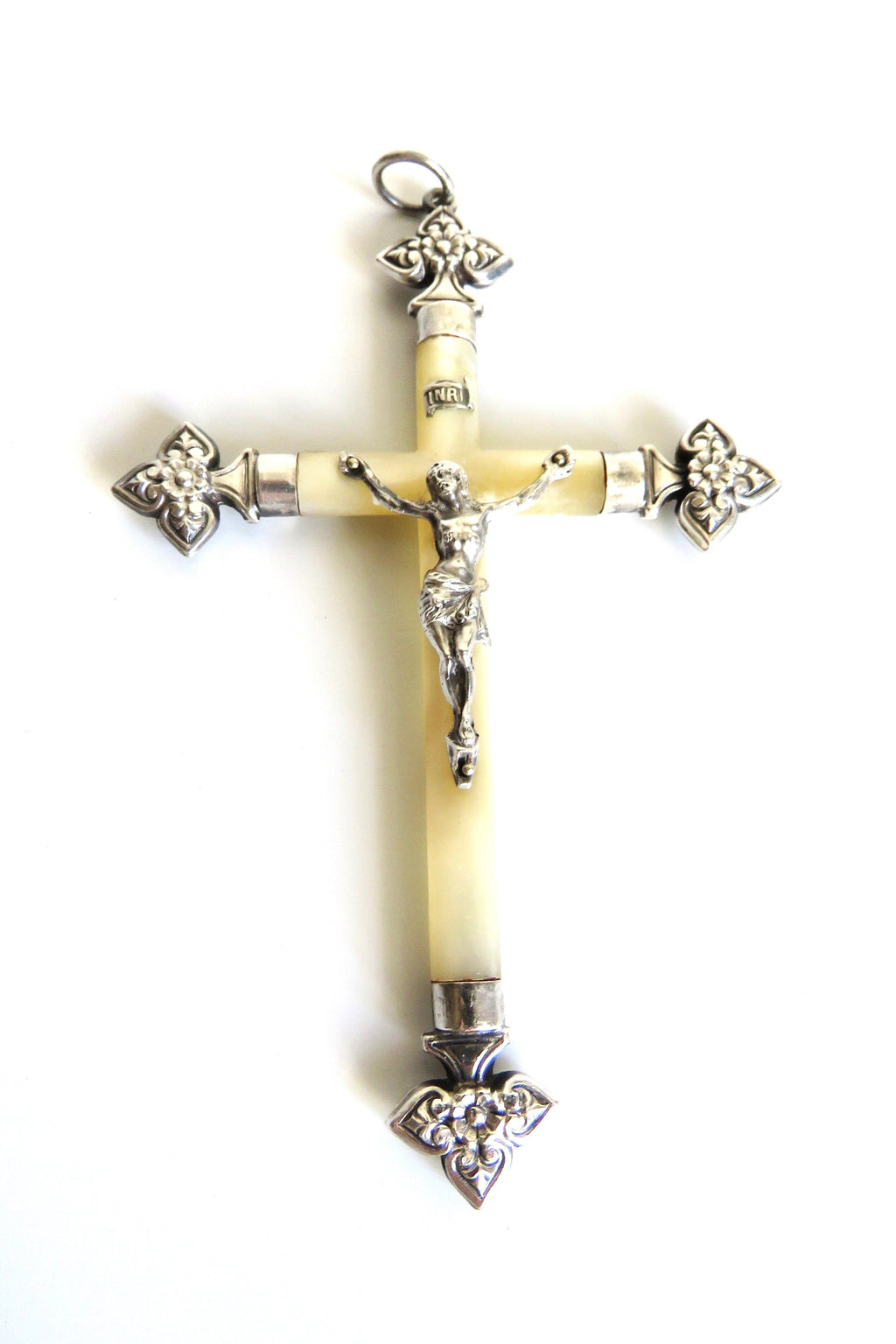 Antique French Mother of Pearl Crucifix Hallmarked Silver Cross c.1900 - Vintage French Treasures