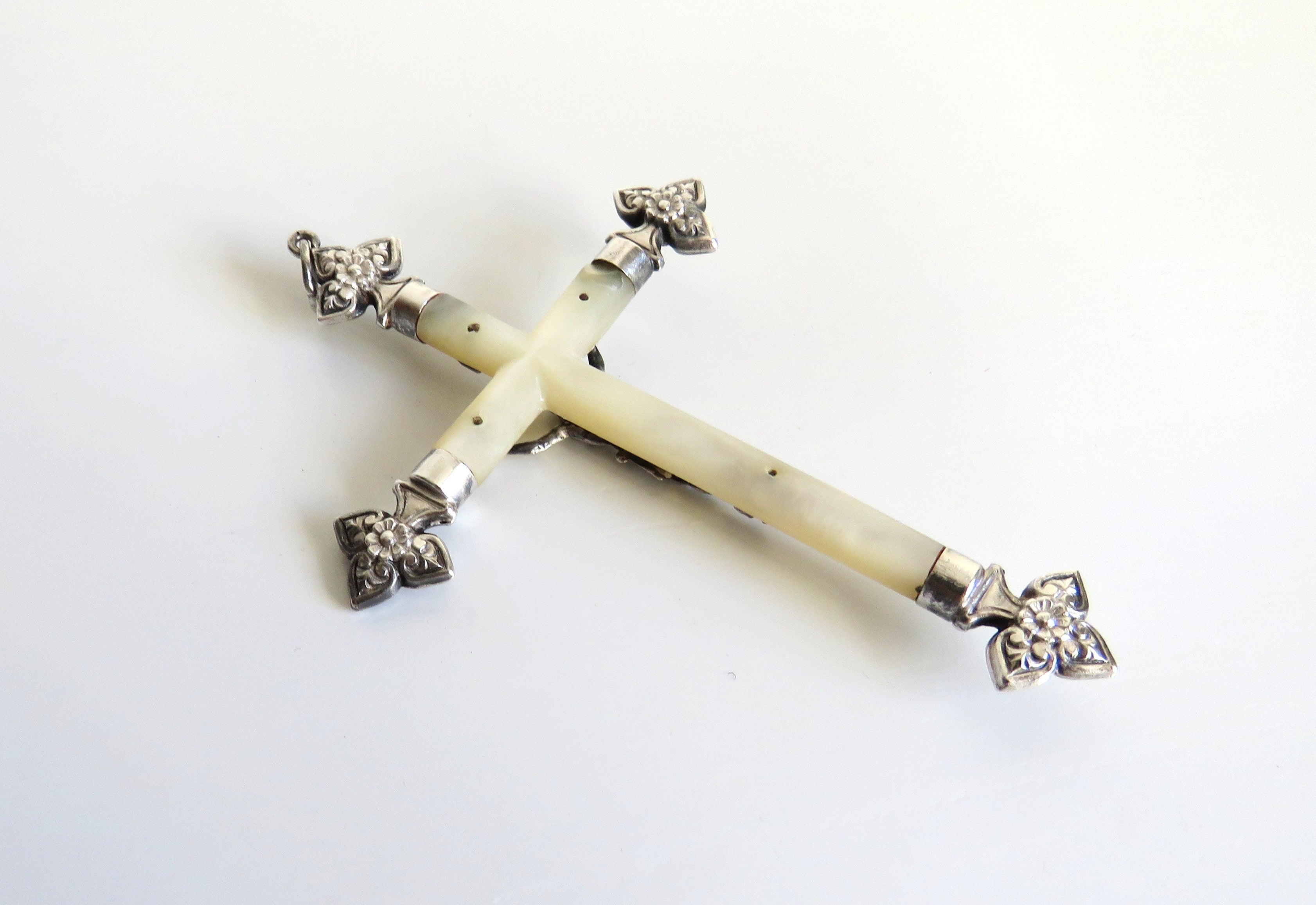 Antique French Mother of Pearl Crucifix Hallmarked Silver Cross c.1900 - Vintage French Treasures