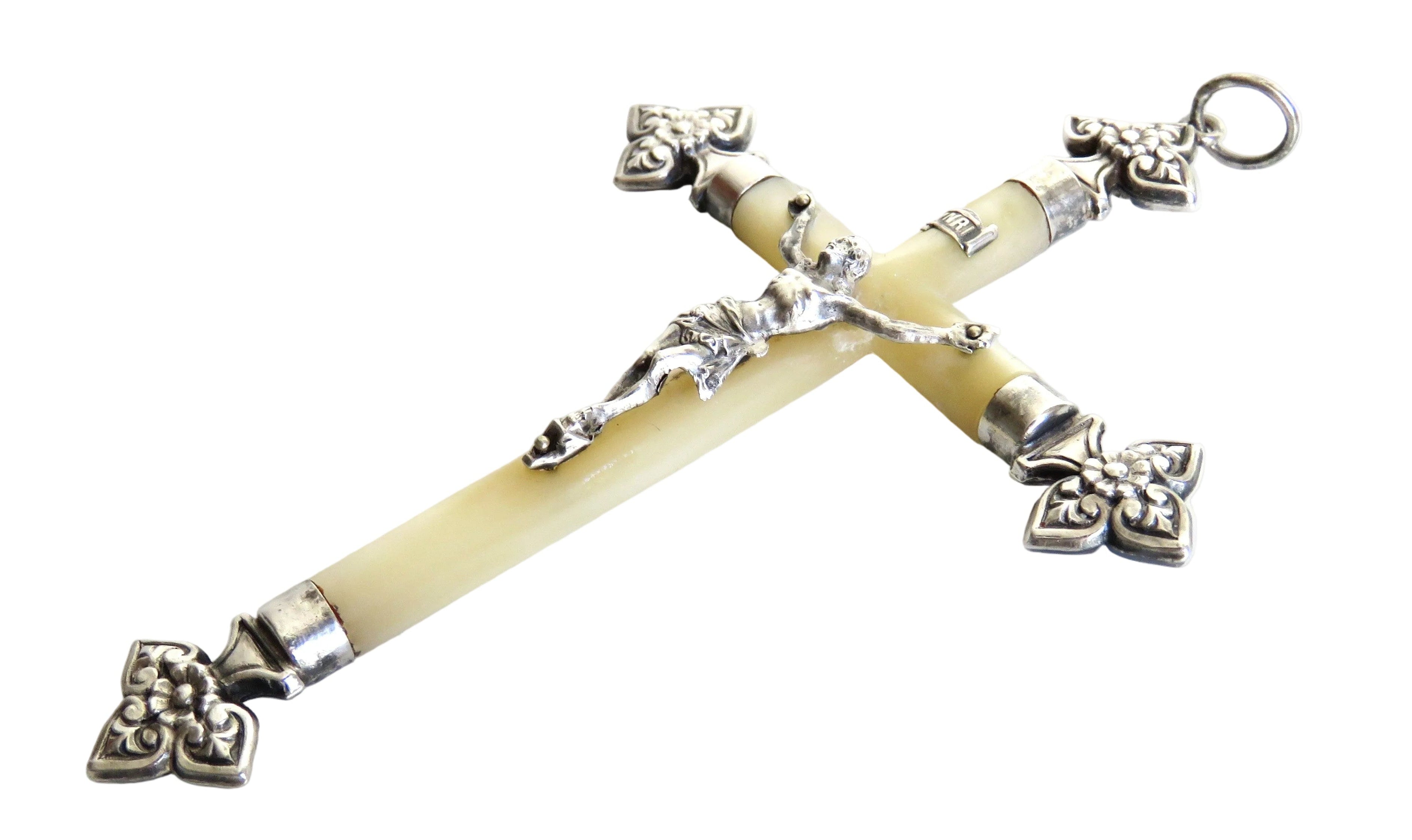 Antique French Mother of Pearl Crucifix Hallmarked Silver Cross c.1900 - Vintage French Treasures