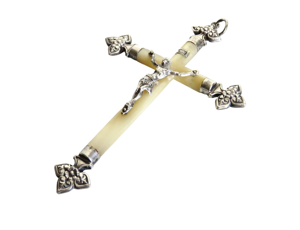 Antique French Mother of Pearl Crucifix Hallmarked Silver Cross c.1900 - Vintage French Treasures