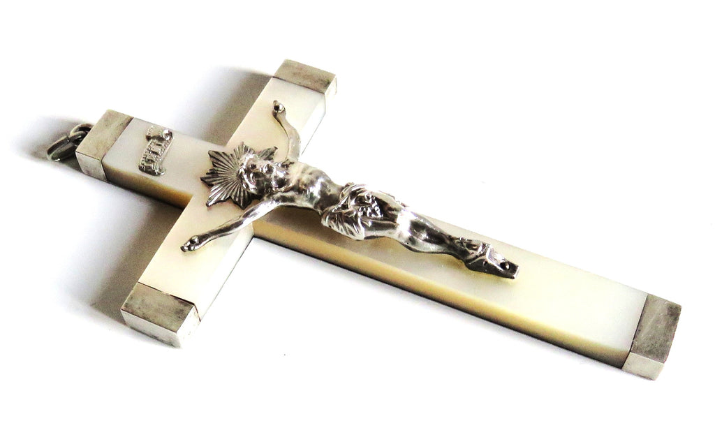 Antique French Mother of Pearl Crucifix with Hallmarked Silver Mounts, Dated 1892 - Vintage French Treasures
