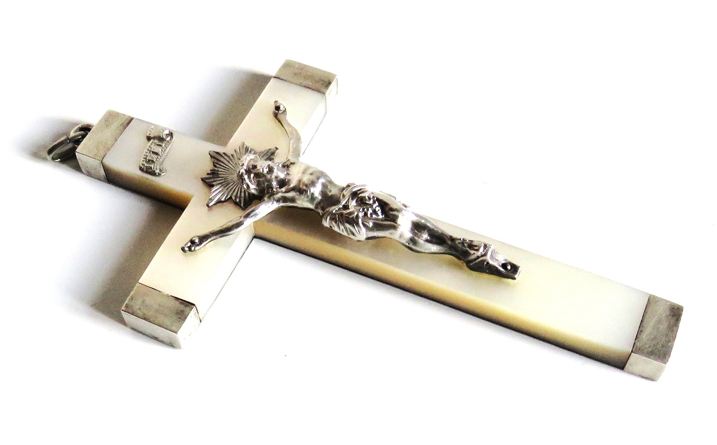 Antique French Mother of Pearl Crucifix with Hallmarked Silver Mounts, Dated 1892 - Vintage French Treasures
