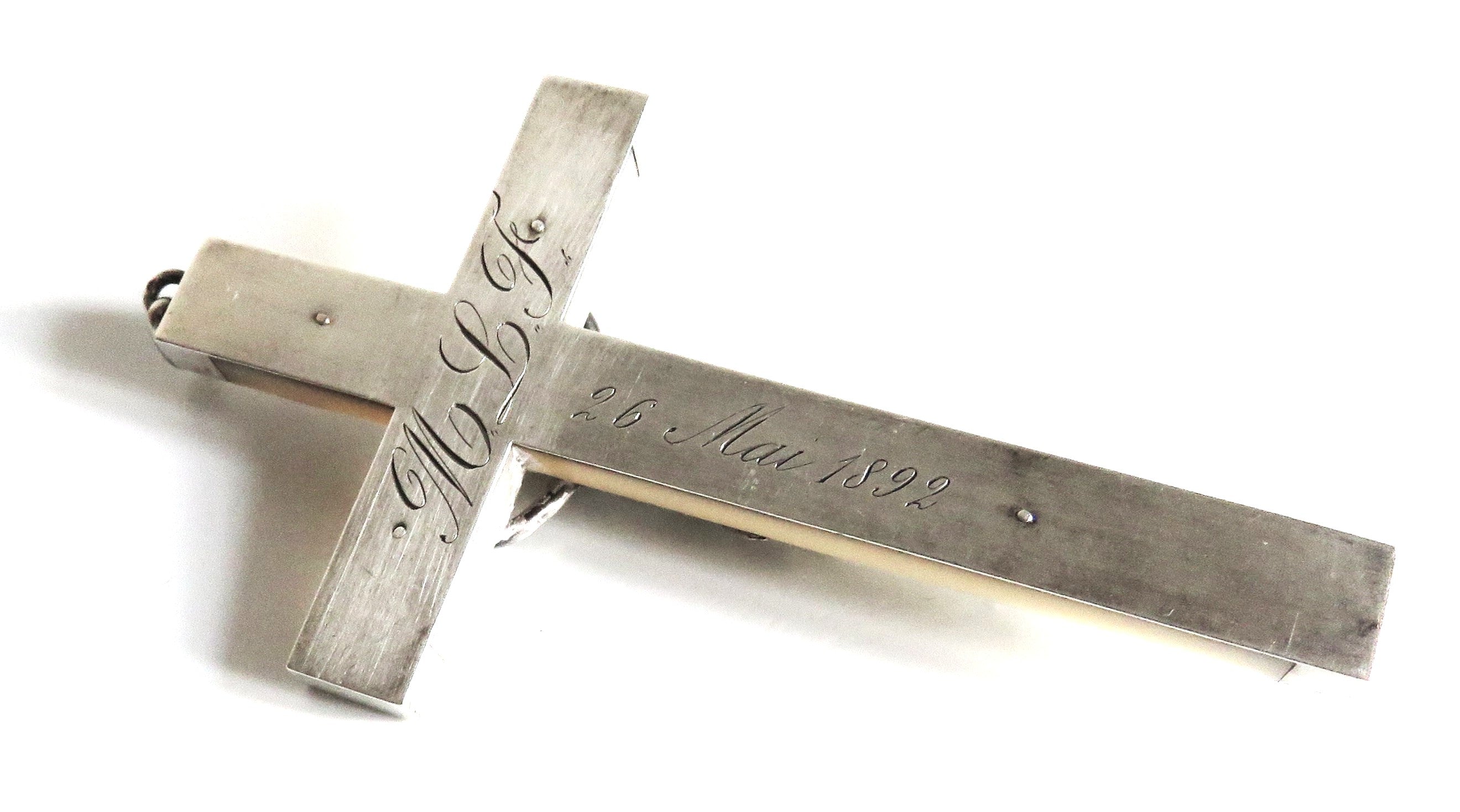 Antique French Mother of Pearl Crucifix with Hallmarked Silver Mounts, Dated 1892 - Vintage French Treasures