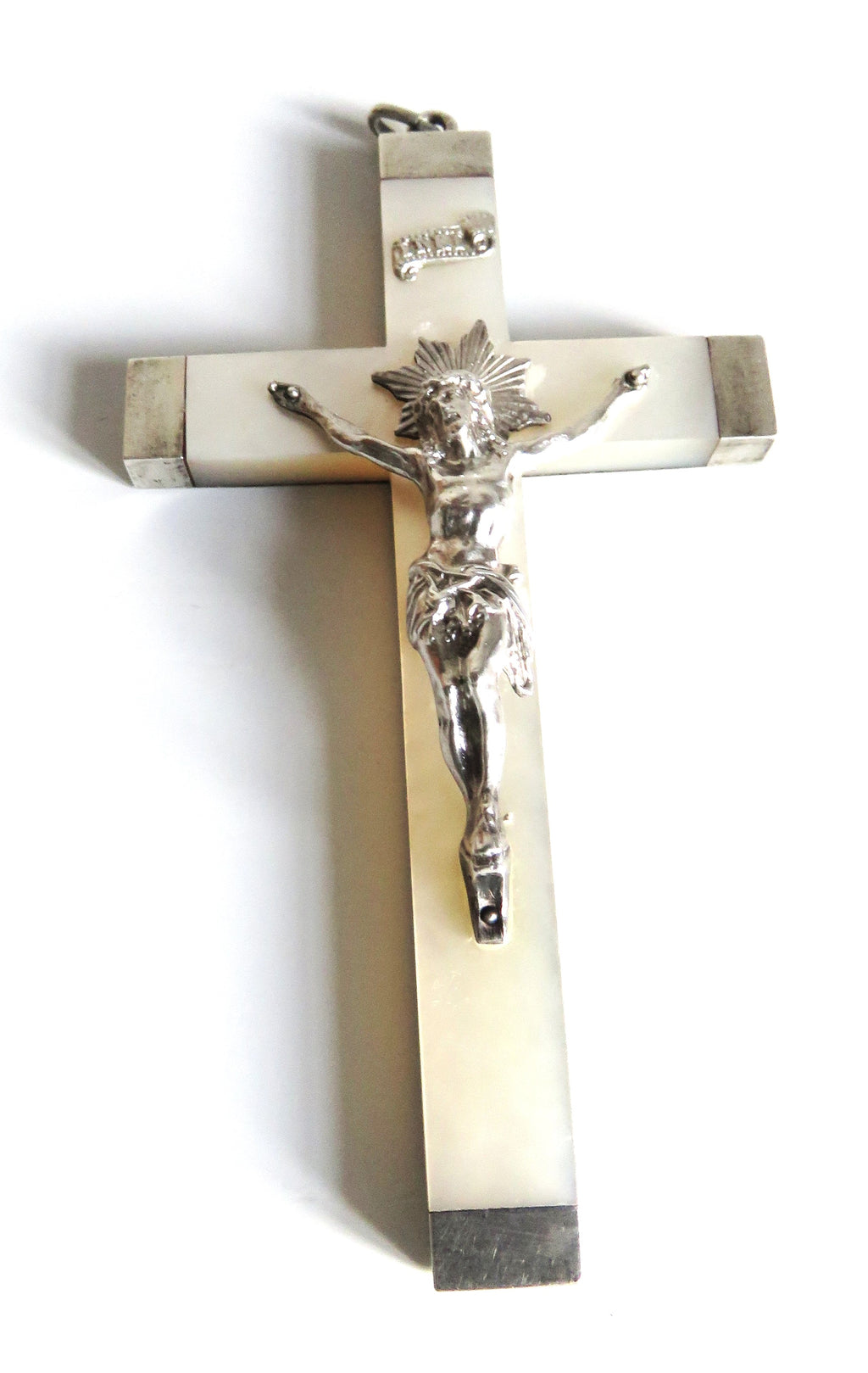 Antique French Mother of Pearl Crucifix with Hallmarked Silver Mounts, Dated 1892 - Vintage French Treasures