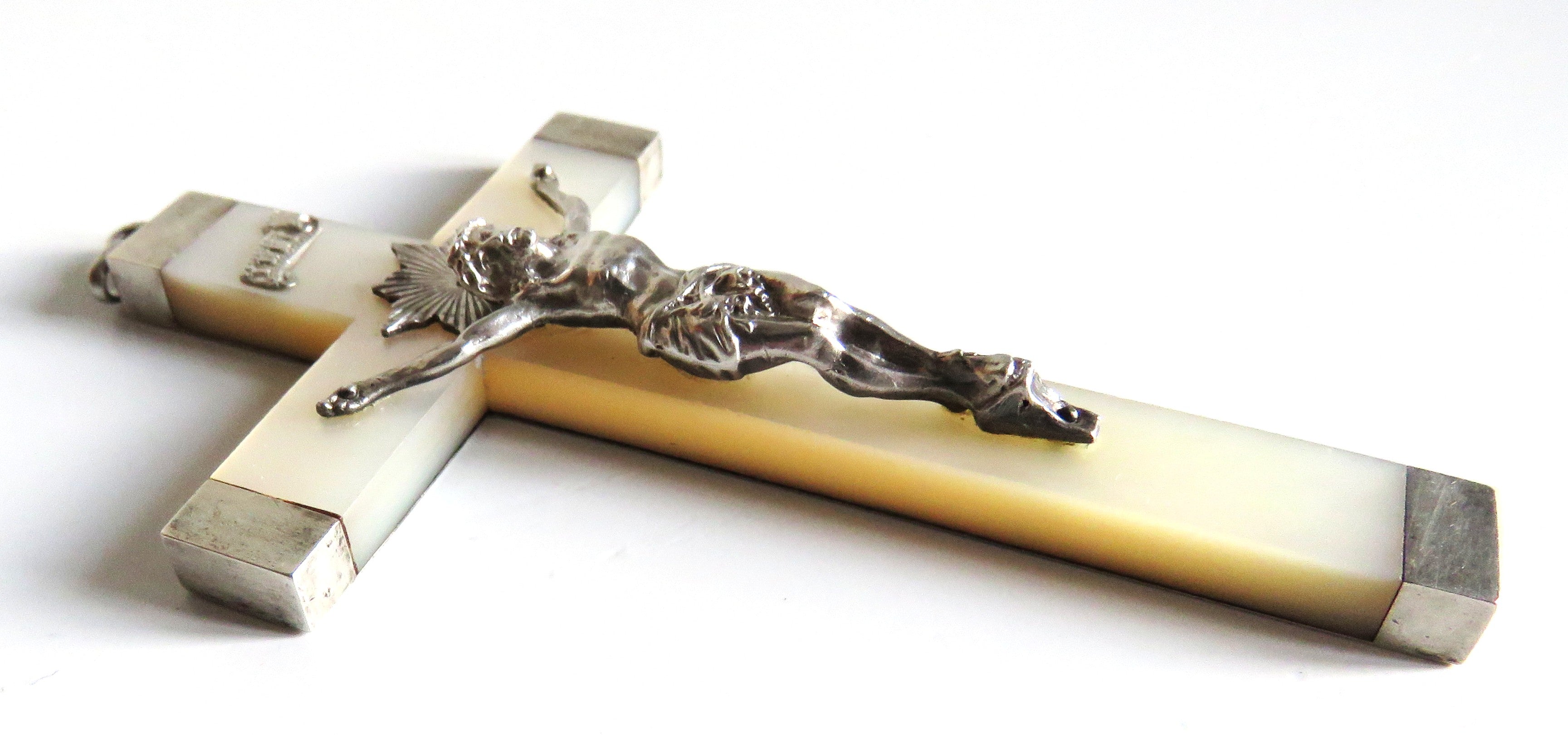 Antique French Mother of Pearl Crucifix with Hallmarked Silver Mounts, Dated 1892 - Vintage French Treasures