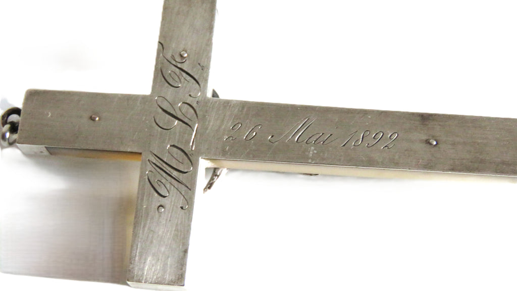 Antique French Mother of Pearl Crucifix with Hallmarked Silver Mounts, Dated 1892 - Vintage French Treasures