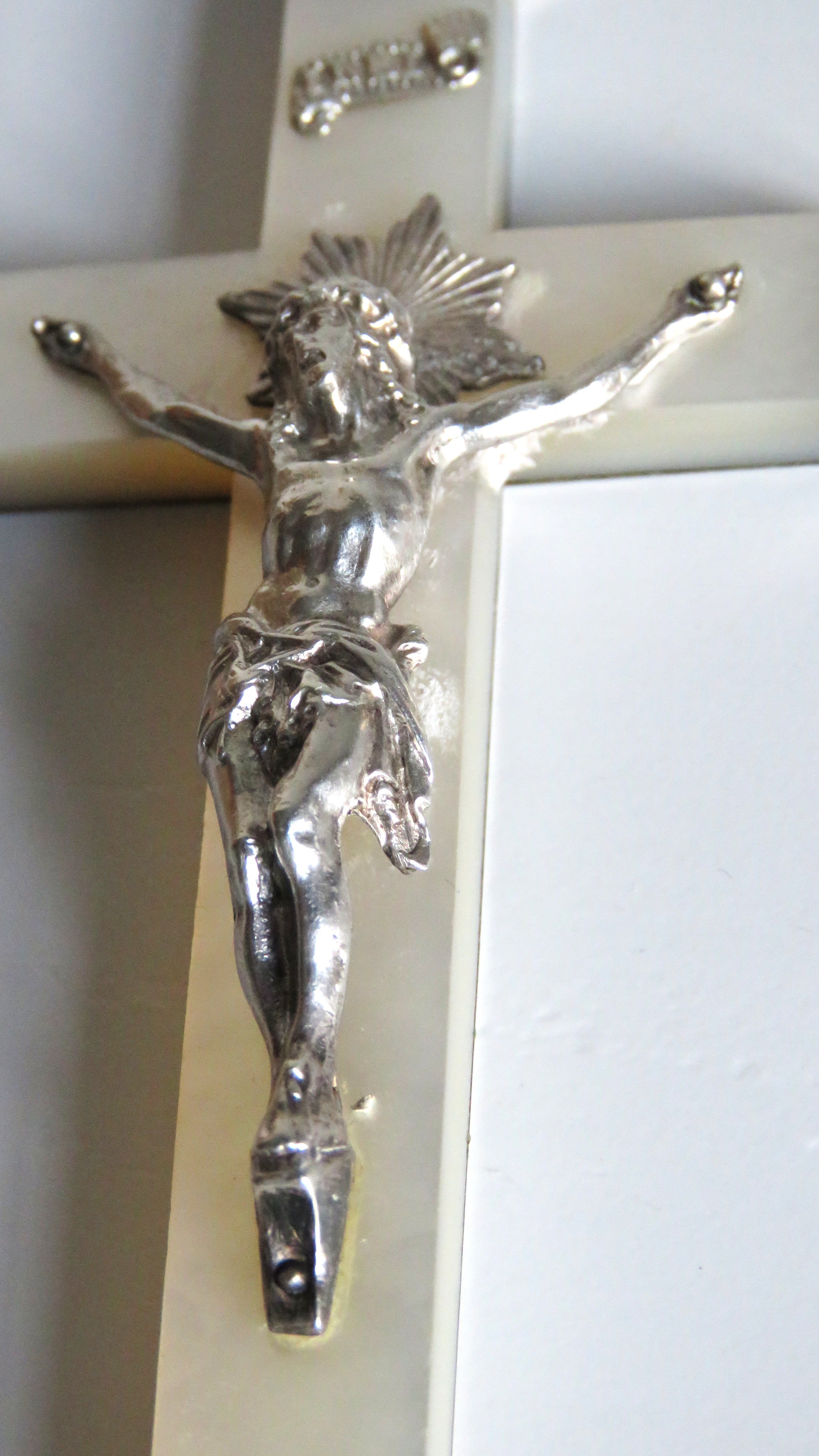 Antique French Mother of Pearl Crucifix with Hallmarked Silver Mounts, Dated 1892 - Vintage French Treasures