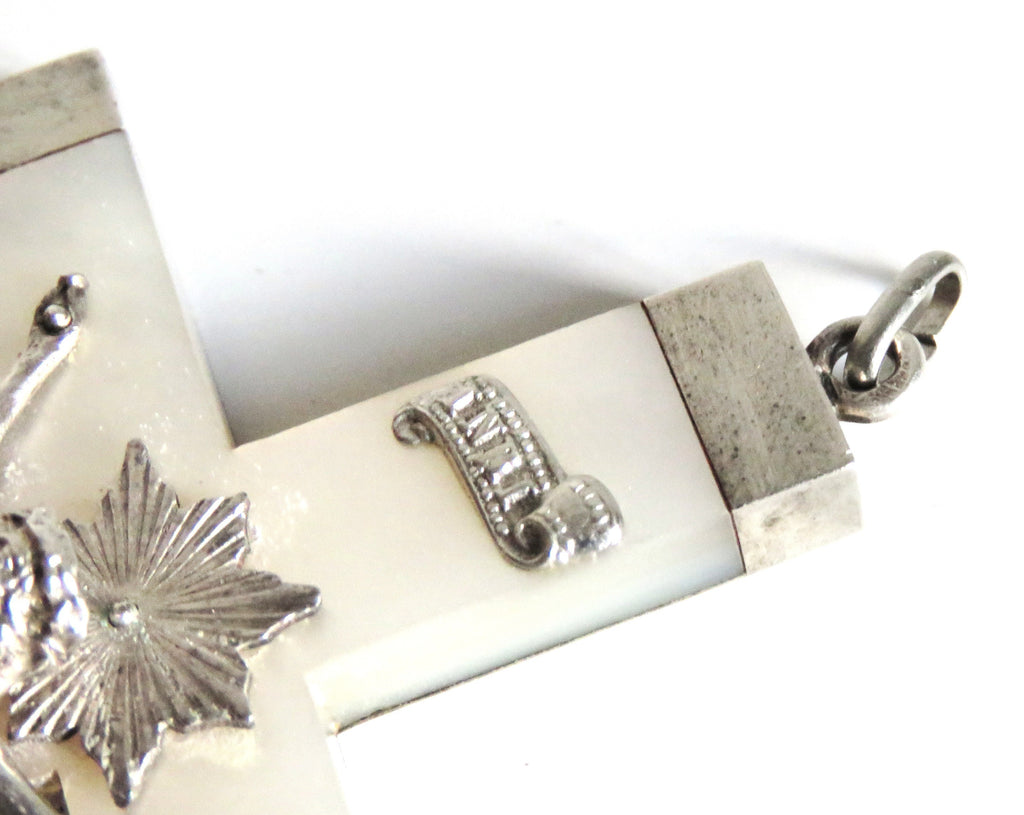Antique French Mother of Pearl Crucifix with Hallmarked Silver Mounts, Dated 1892 - Vintage French Treasures