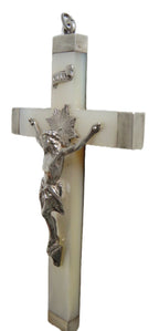 Antique French Mother of Pearl Crucifix with Hallmarked Silver Mounts, Dated 1892 - Vintage French Treasures