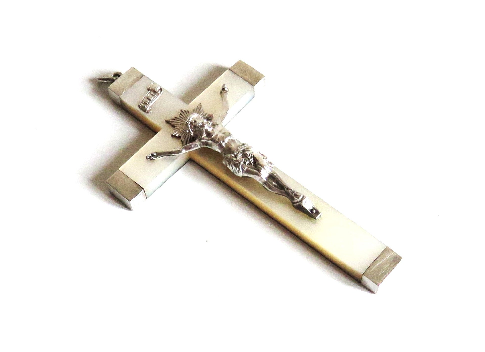 Antique French Mother of Pearl Crucifix with Hallmarked Silver Mounts, Dated 1892 - Vintage French Treasures